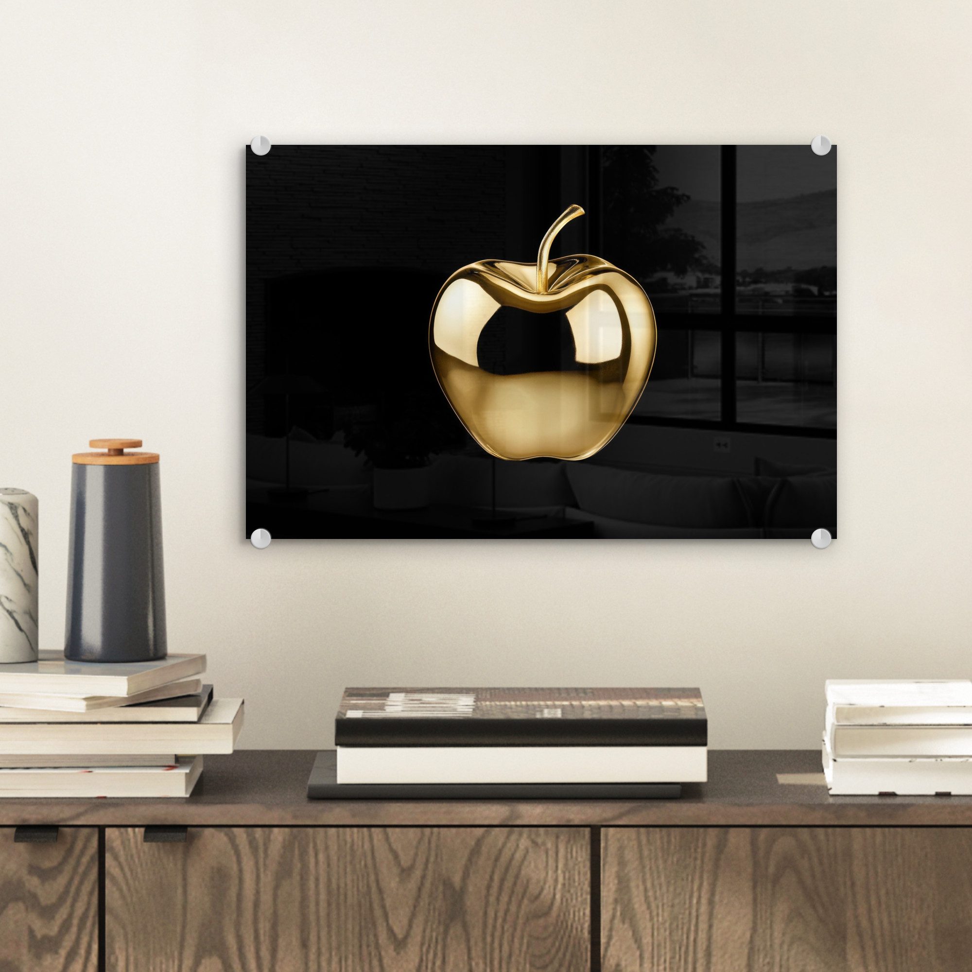 MuchoWow Acrylglasbild Apfel - Gold - Chrom - Schwarz, Inkl. Aufhängung, Glasbilder Wohnzimmer, Schlafzimmer, Flur & Esszimmer, 30x20 cm – Bild 2 von 5