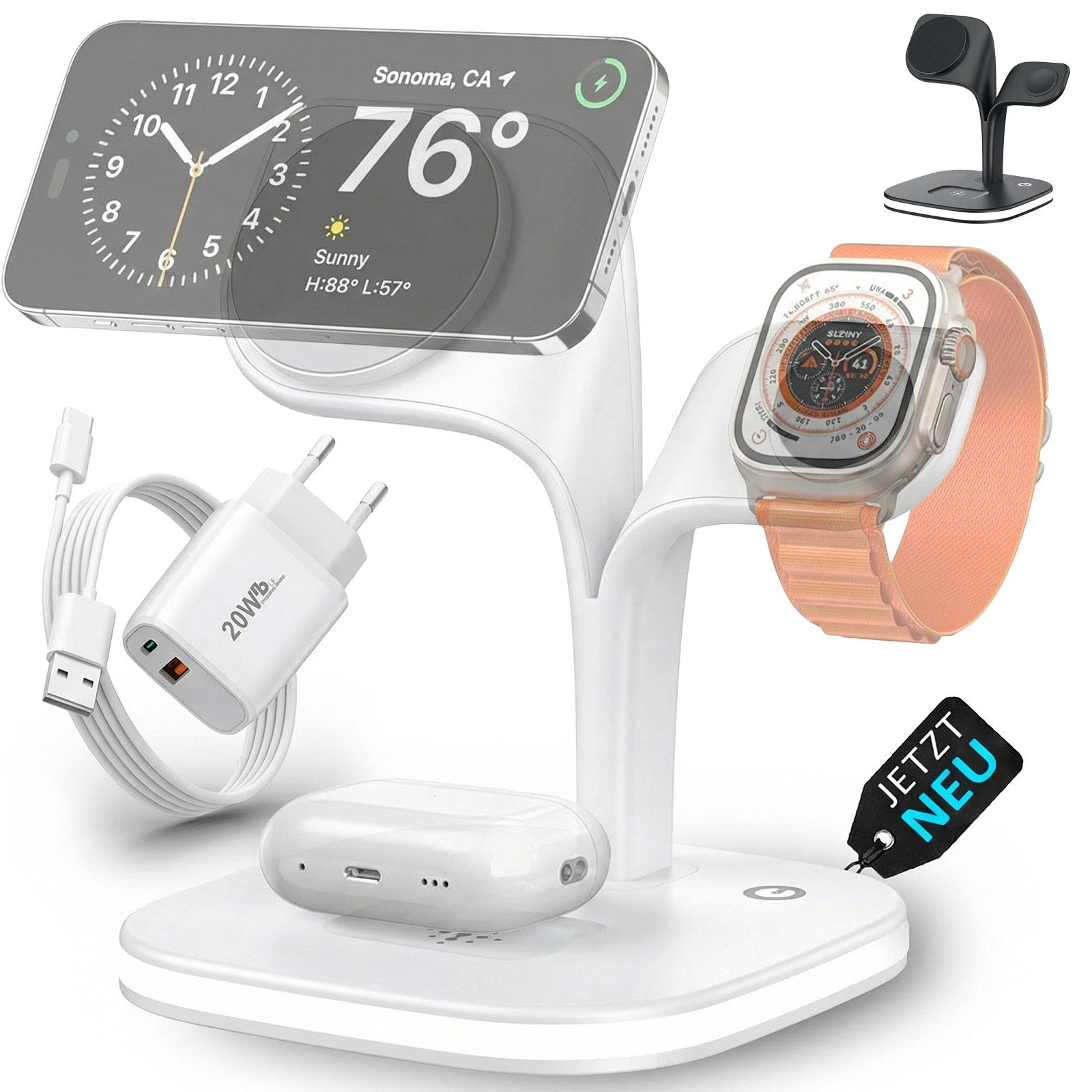 GreenHec Ladestation 3in1 MagSafe Ladegerät Kabellos Induktiv Charger Stand Wireless Charger (3 mA, Spar-Set, 3in1 PowerBase + USB-C Kabel + 20w Dual Charger, iPhone 18 17 16 15 14 13 Pro Max Air, Airpods, Apple Watch Wireless)