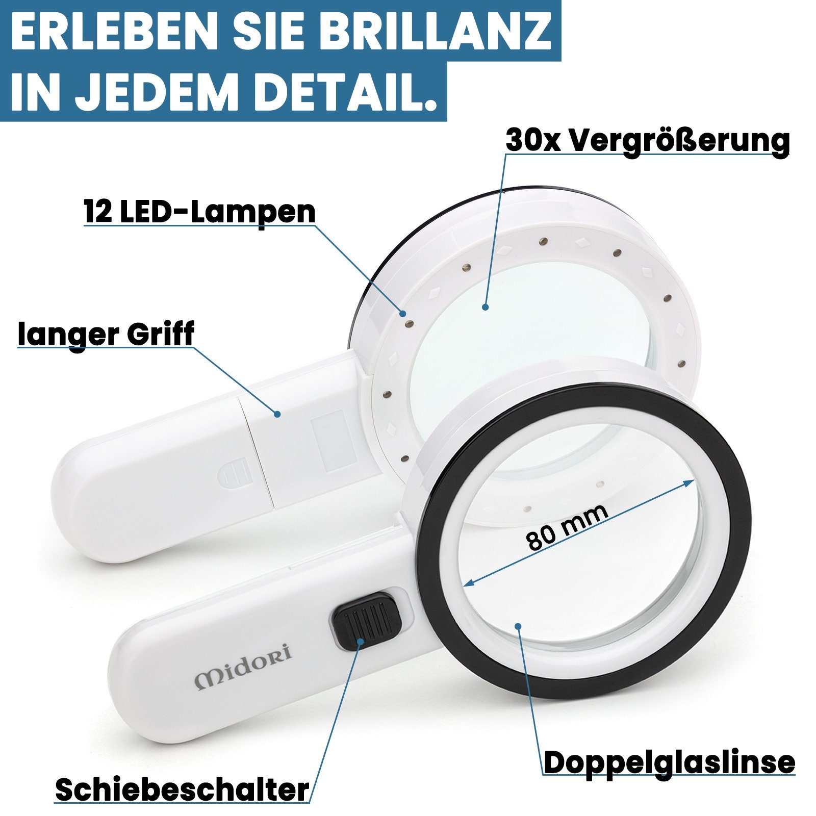 Midori Handlupe, 3-tlg., Leselupe Lupe Handlupe mit LED-Licht 30-fache Vergrößerung 80mm Linse