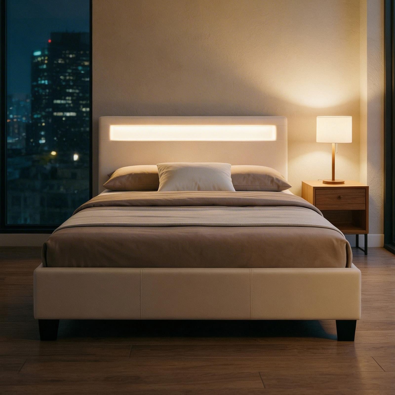 CARO-Möbel Polsterbett MIRASOL, Einzelbett 120x200cm mit Lattenrost & LED Beleuchtung Kunstleder Weiß