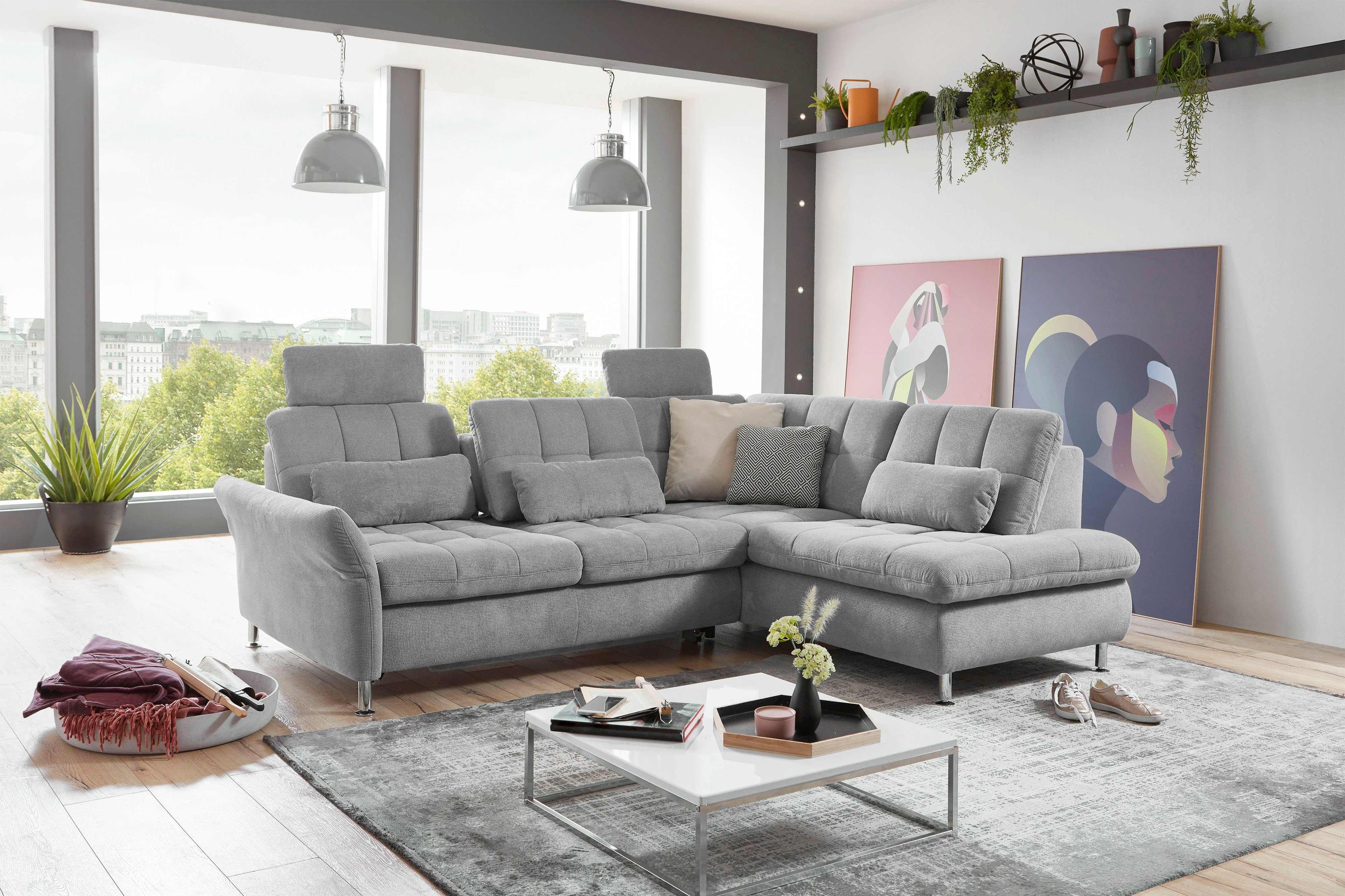 Die PlanBar Ecksofa MP-IN20016 L-Form mit Federkern-Polsterung, wahlweise mit Kopfstützen und Bettfunktion, mit Federkern-Polsterung