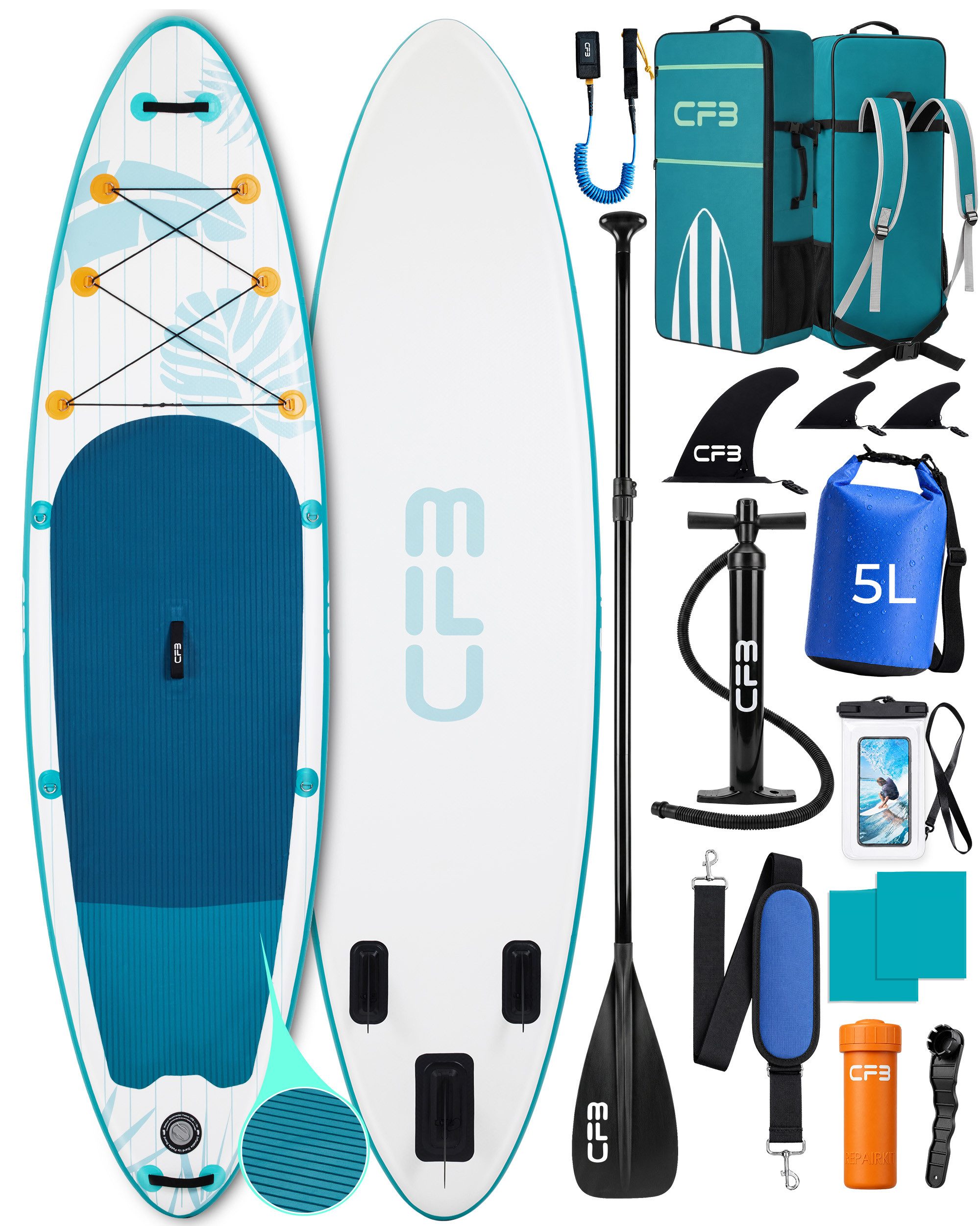 CFB SUP-Board Set 320x84x15 cm extra breit, 160 kg Traglast, aufblasbares Stand Up Paddle Board, (Komplett-Set, mit Paddel, Pumpe, Rucksack, 5L Dry Bag und Schultergurt), für Anfänger und Erwachsene