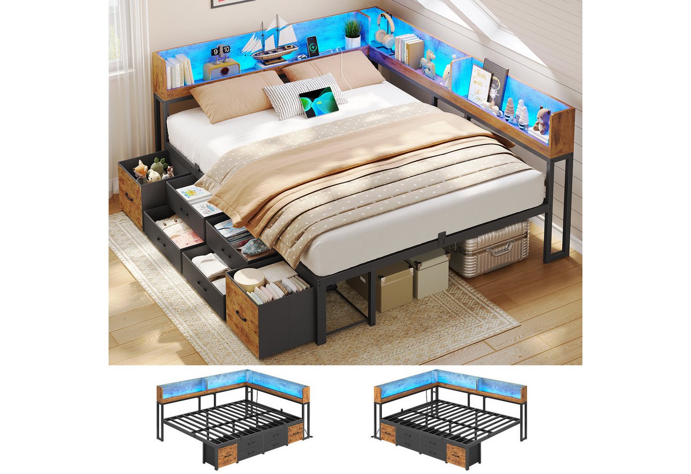 MSMASK Daybett Schlafsofa mit LED-Beleuchtung & Ladestation, Jugendbett Kinderbett, mit Integriertem Bücherregal & 6 Schubladen, 140x190cm