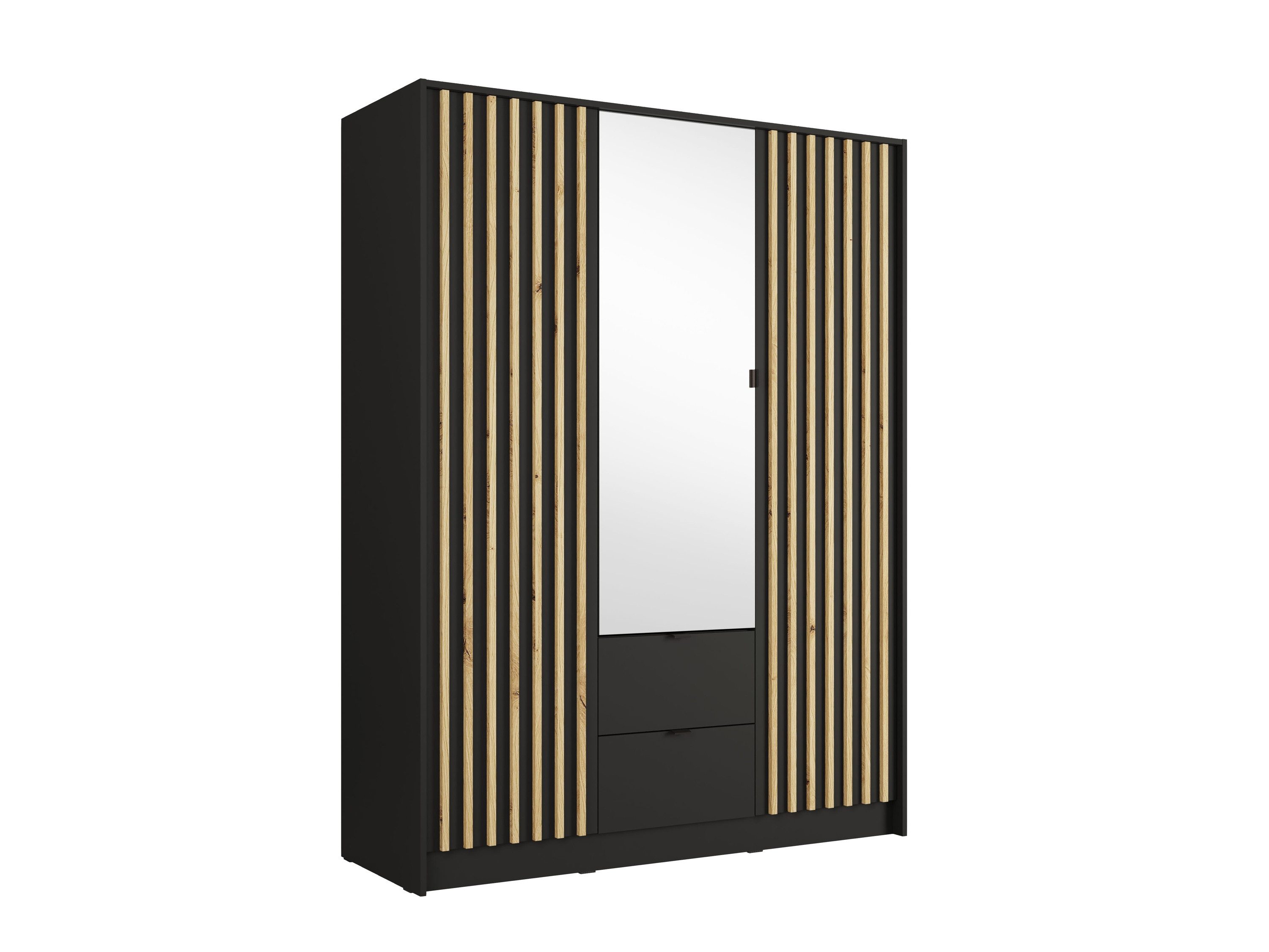 Raumhirsch Furniture Kleiderschrank Garderobenschrank, Drehtürenschrank, Schrank mit Spiegel (Maße: 150,8 x 54,5 x 200,5 cm, einfache Montage) Lamellen, Kleiderstange, 2 Schubladen, 3-türig