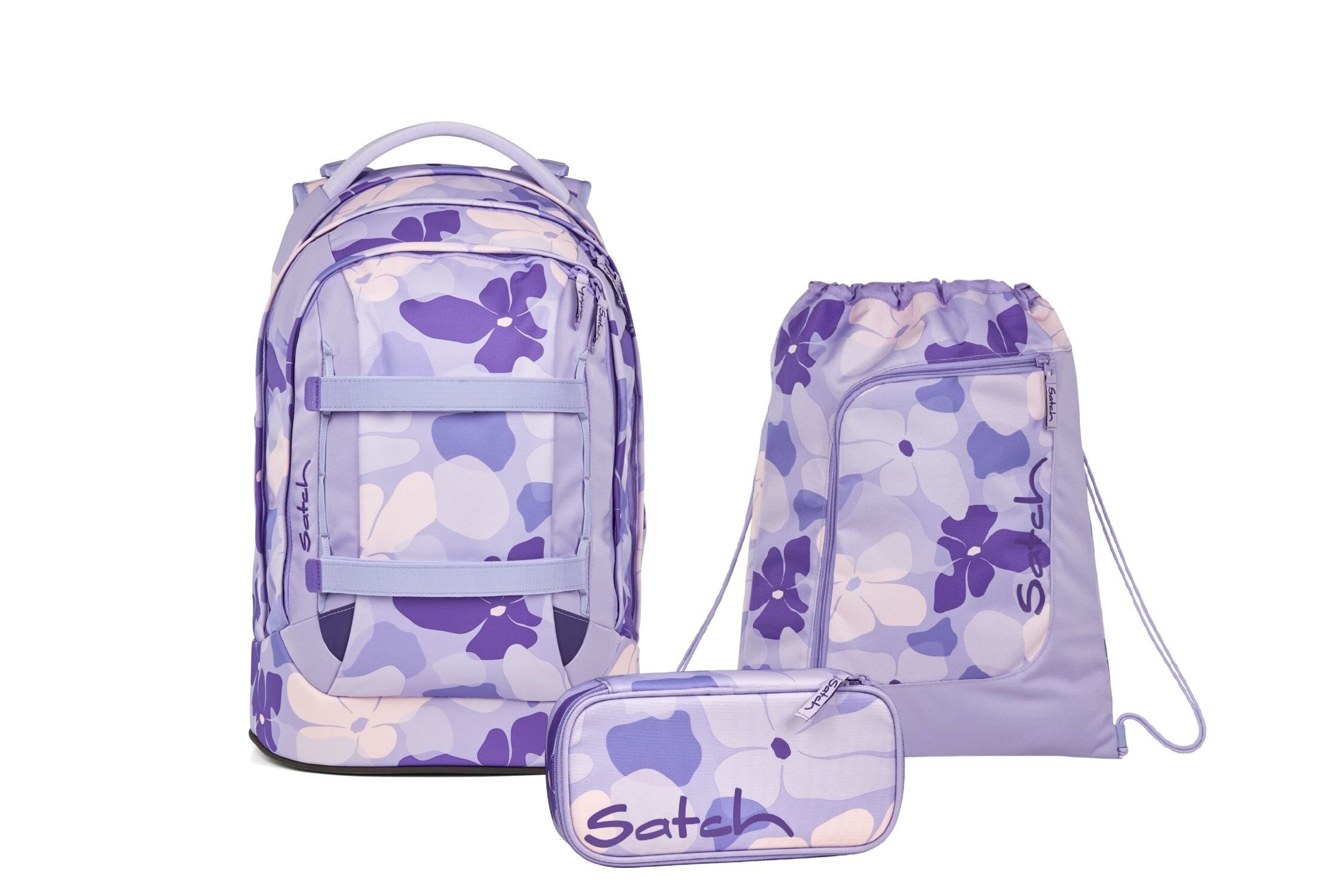 Satch Schulranzen Schulrucksack-Set PACK Lilac Blossom 3-teilig (3-teilig), ergonomisch, Your-Size-System: auf Körpergröße anpassbar
