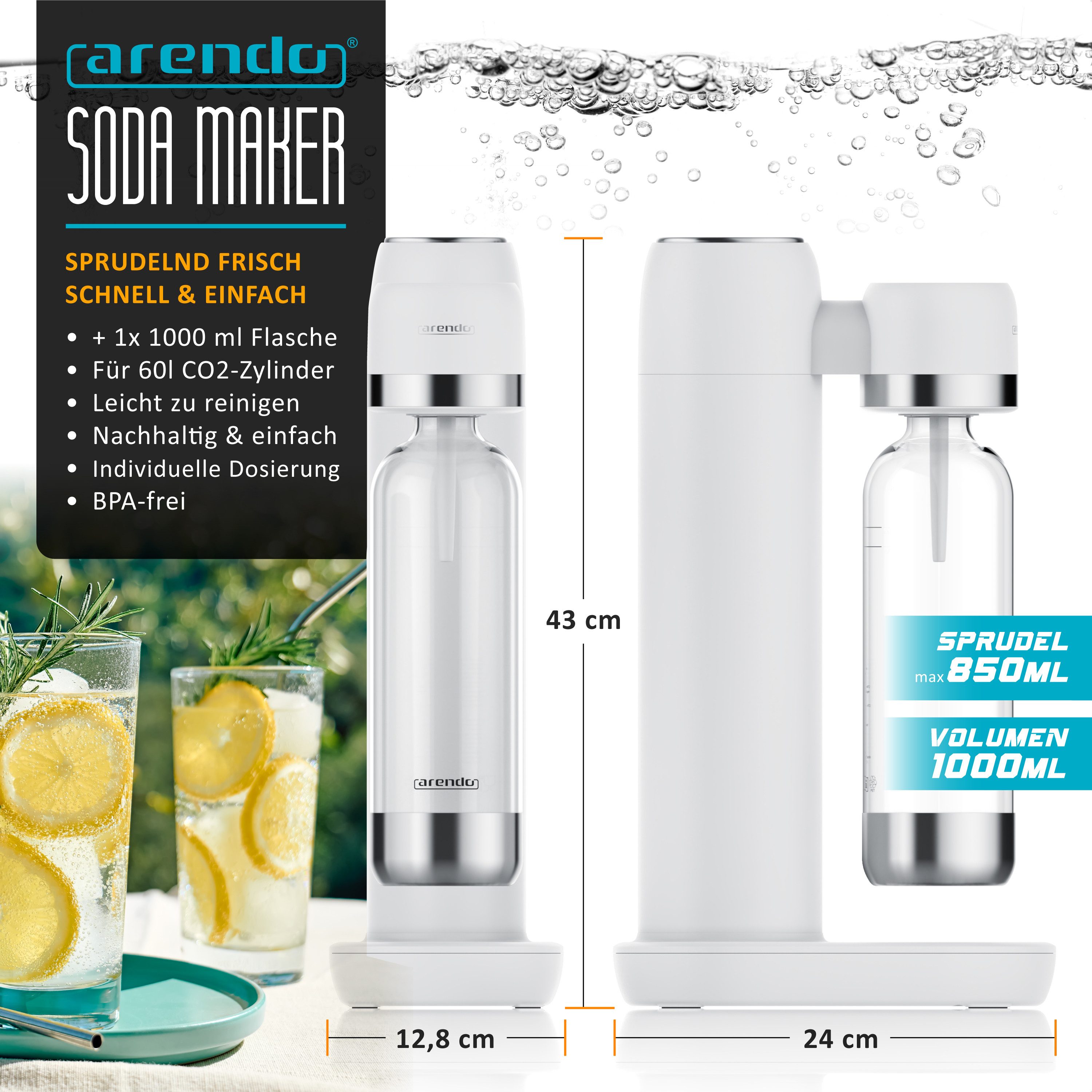 Arendo Wassersprudler Soda Maker mit 1000 ml Flasche, kompatibel mit 60 l CO2 Zylindern, (Set, 2-tlg., Soda Maker, PET-Flasche), Soda Streamer mit Wasserflasche – Bild 2 von 5