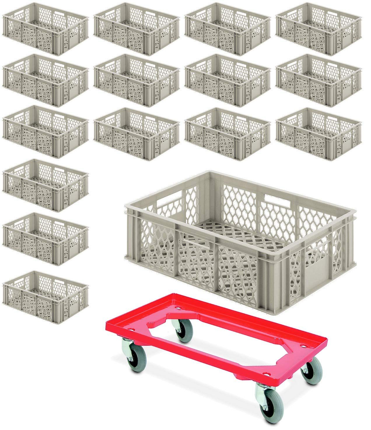 BRB-Lagertechnik Stapelbox 16x Eurobehälter 600x400x200 mm, kieselgrau PLUS Transportroller, Sehr stoßfester, robuster und formstabiler Stapelbehälter