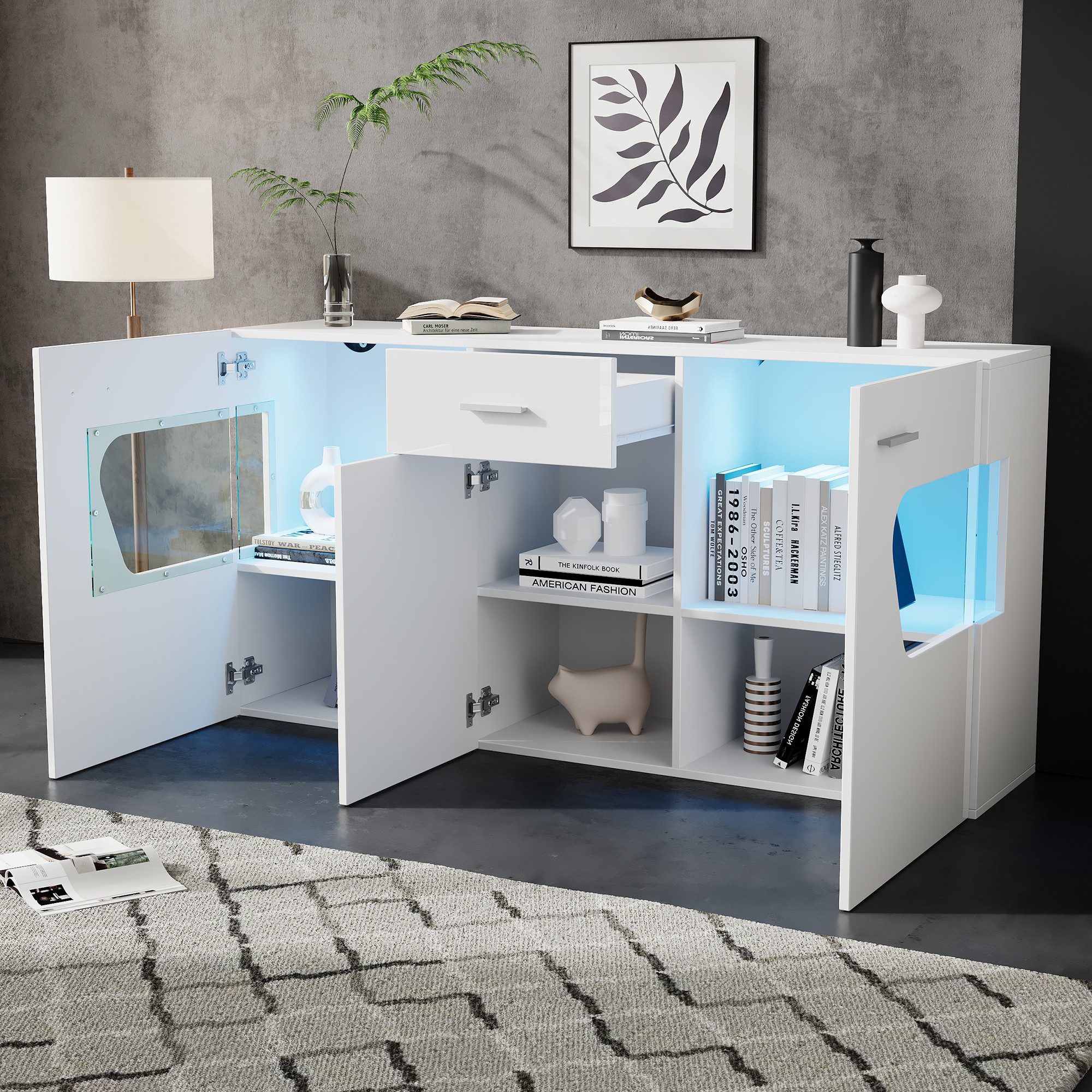 Merax Sideboard Hochglanz Vitrinenschrank Wohnzimmerschrank mit LED-Lichtleiste (140 L x 33 B x 70 H cm, 1 St), Kommode mit 3 Türen, Glasfronten aus Sicherheits – Bild 2 von 5