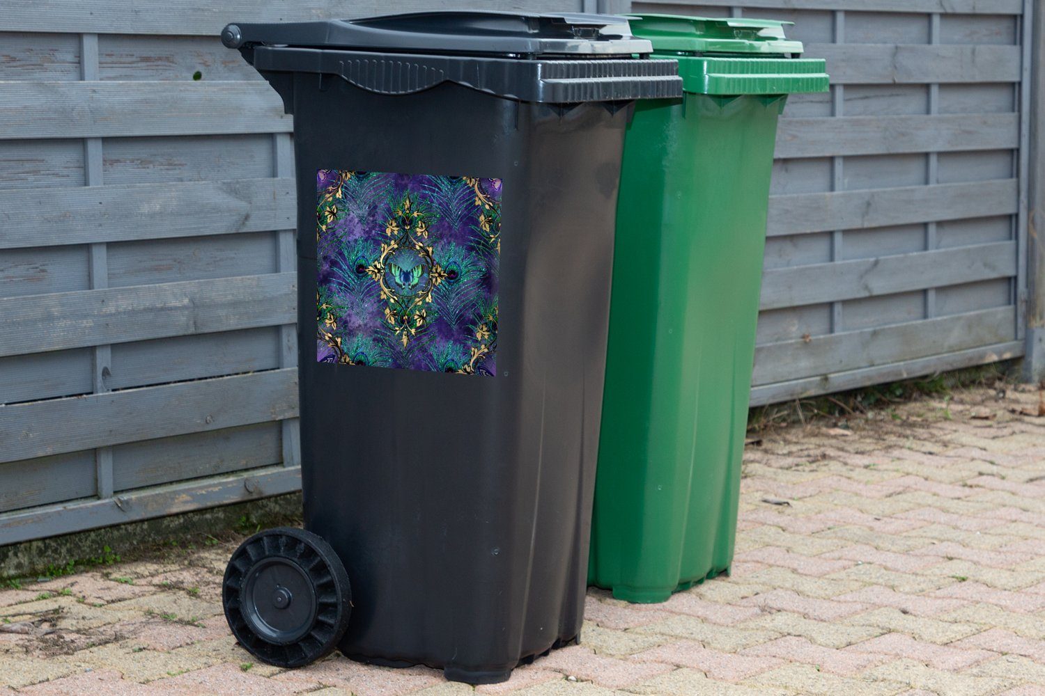 MuchoWow Wandsticker Muster - Pfauenfedern Mülltonne, Mülleimer-aufkleber, Abfalbehälter Sticker, Container, (1 - Violett St)