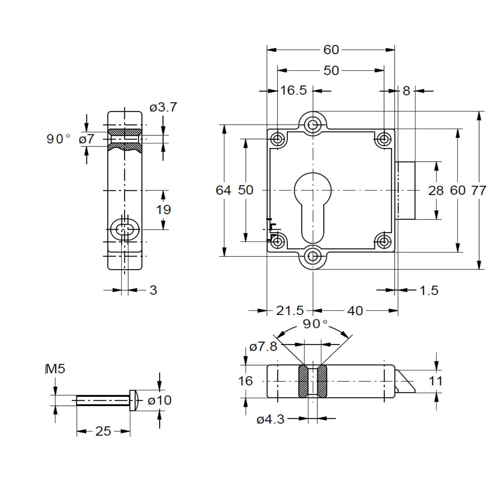 SO-TECH® Aufschraubschloss PZ-Fallenschloss Möbelschloss Dornmaß 40 mm, 1-tlg., inkl. Schließblech, Anschlag links