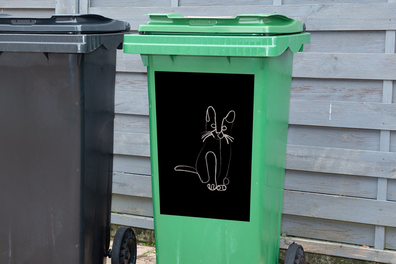Sticker, St), Abfalbehälter Mülltonne, MuchoWow (1 Container, Wandsticker Haustier - Katze - Mülleimer-aufkleber, Linienkunst