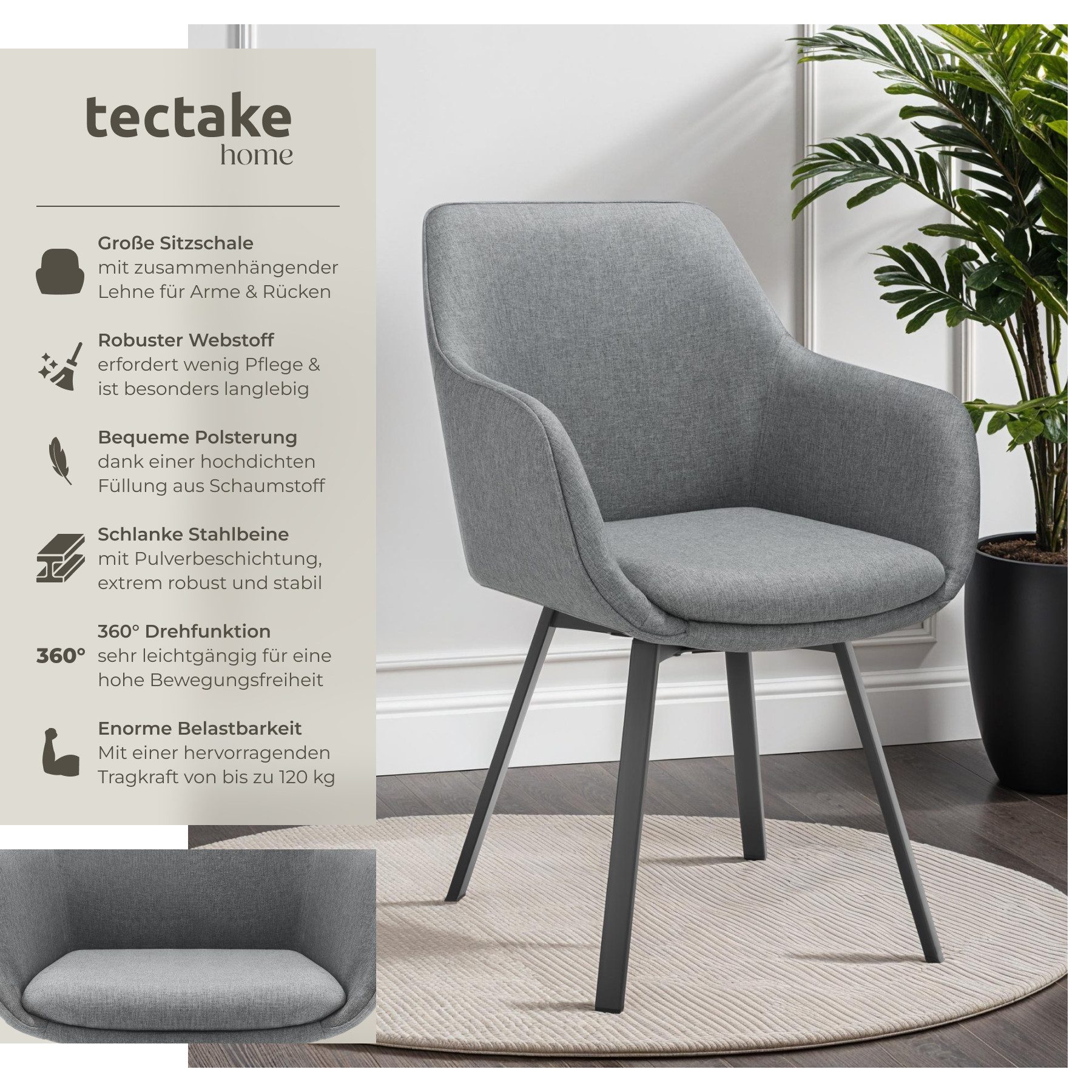 tectake Esszimmerstuhl Drehbarer Armlehnstuhl Alicon, gepolstert (Set, 2 St günstig online kaufen