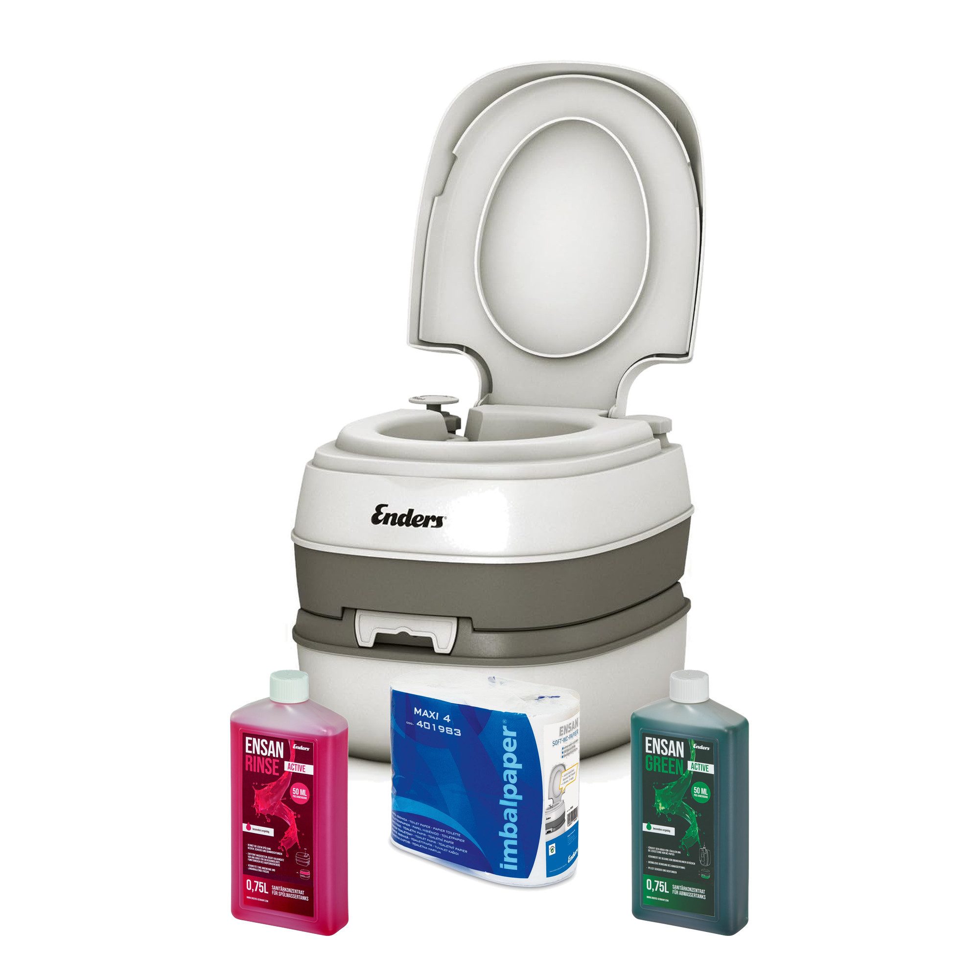 Enders® Campingtoilette Starterset Green Comfort, (Spar-Set, inkl. 0,75L RINSE + 0,75L GREEN + 4 Rollen selbstaufl. Toilettenpapier), Kolbenpumpe, geringes Gewicht, glatte und hygienische Oberfläche
