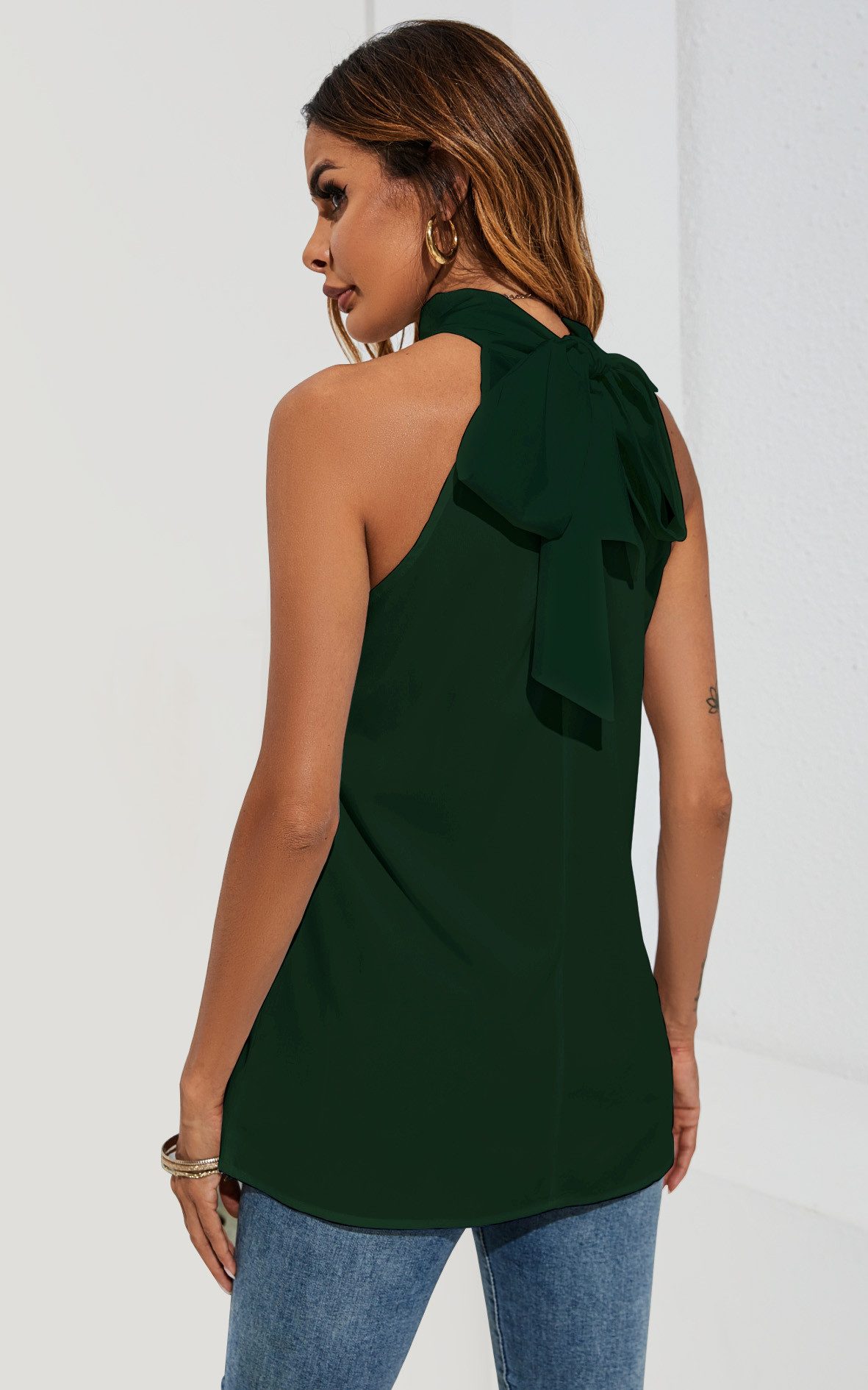 FS Collection Neckholdertop Damen Ärmelloses Neckholder-Top mit Bindeband am Rücken (S (UK 8–10 / EU 36–38) - M (UK 12 / EU 40) - L (UK 14 / EU 42) - XL (UK 16 / EU 44), 8 Farben: Schwarz, Waldgrün,LeafGreen, LeoBraun, LeoBeige, AzurBlau) leicht, weich, fließend und pflegeleicht