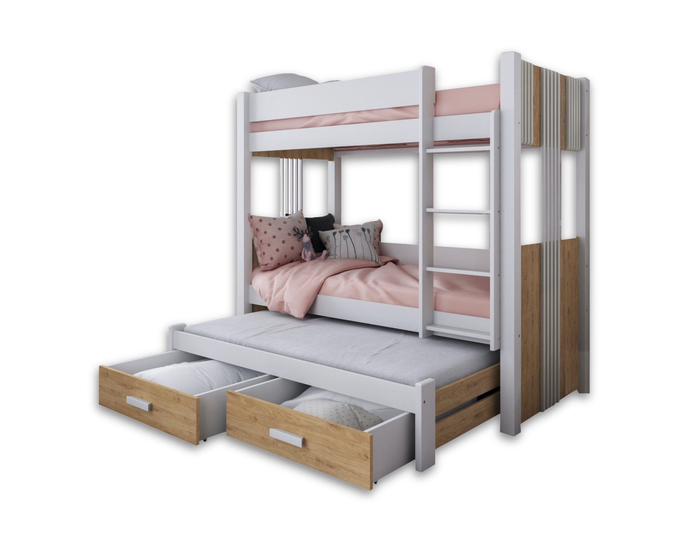 Deine Möbel 24 Etagenbett ALEXANDRA III Hochbett Stockbett für 3 Kinder Ausziehbett (Matratzen optional, 4-St., aus Massivholz Kiefernholz MDF-Platte inkl. Lattenrost), Weiß Grün Sonoma Eiche Graphit 90x200 cm inkl. Leiter Schubladen