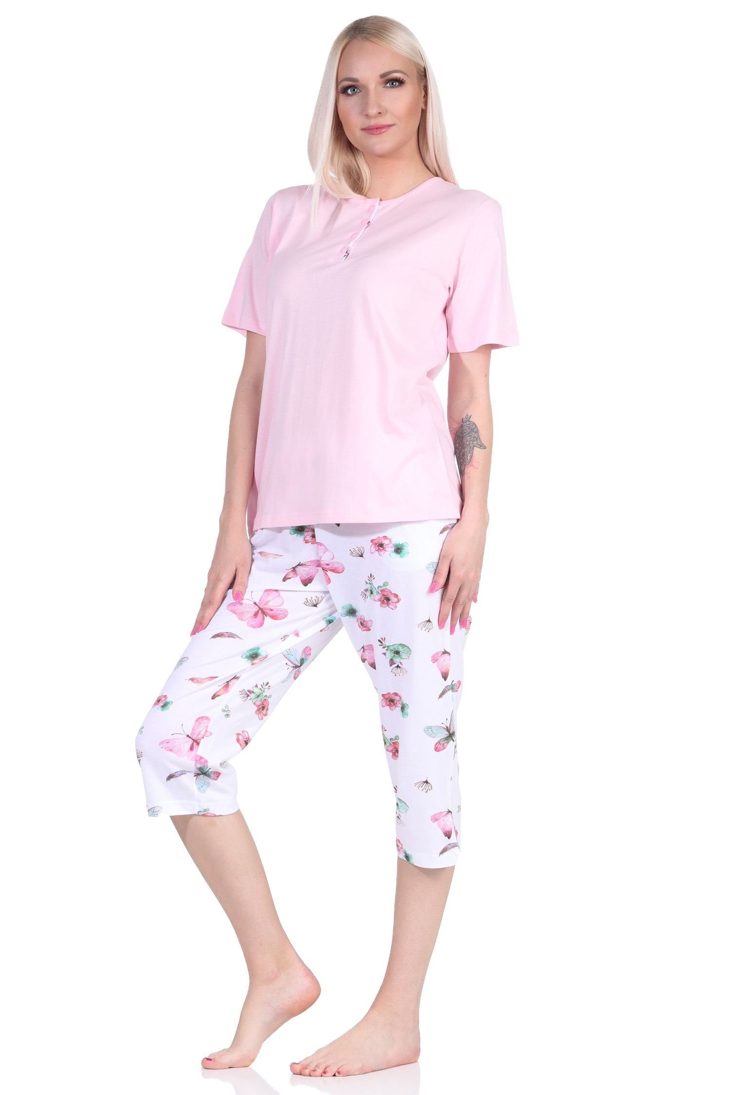 Pyjama Damen Normann mit kurzarm Pyjama Caprihose Capri rosa Schlafanzug