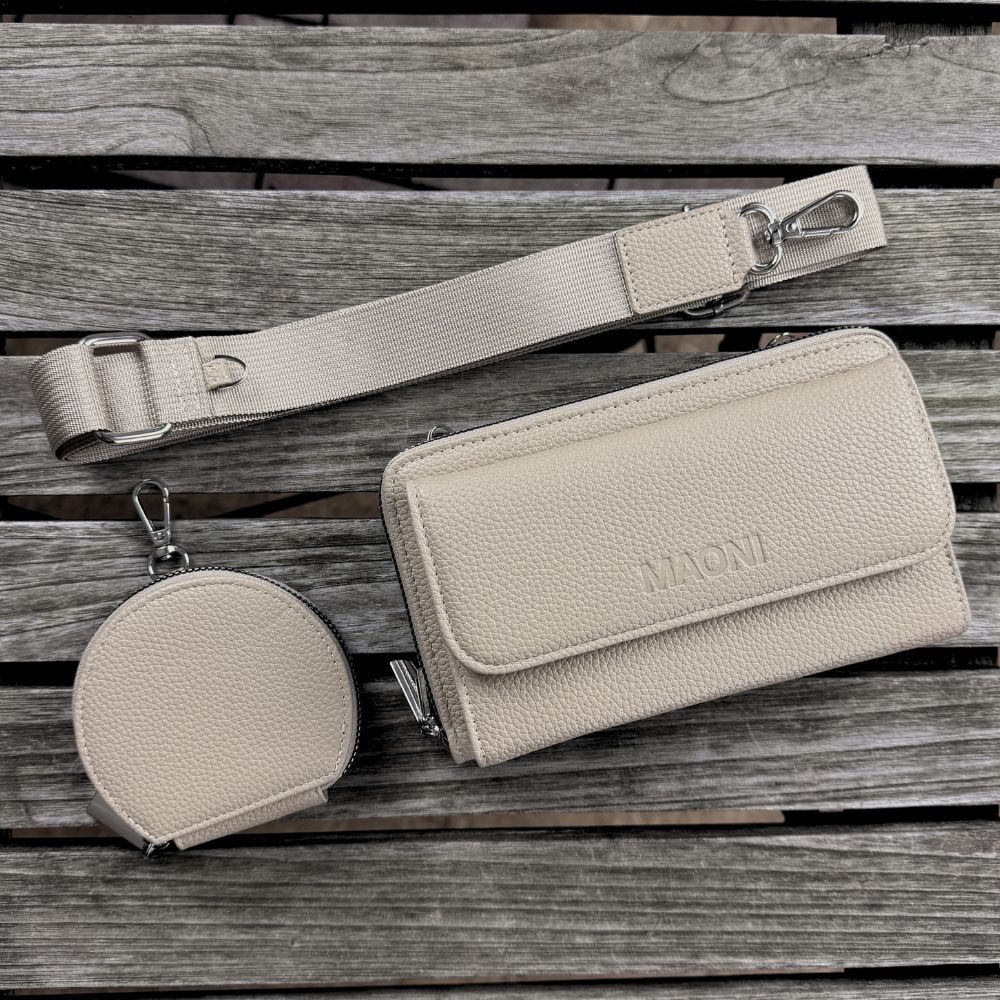 MAONI Geldbörse Geldbörse und Handytasche zum Umhängen - Schwarz (Packung, Handytasche zum Umhängen, einfarbiger Taschengurt, Münztasche), Vegan, Taschengurt auswechselbar, mit Handyfach