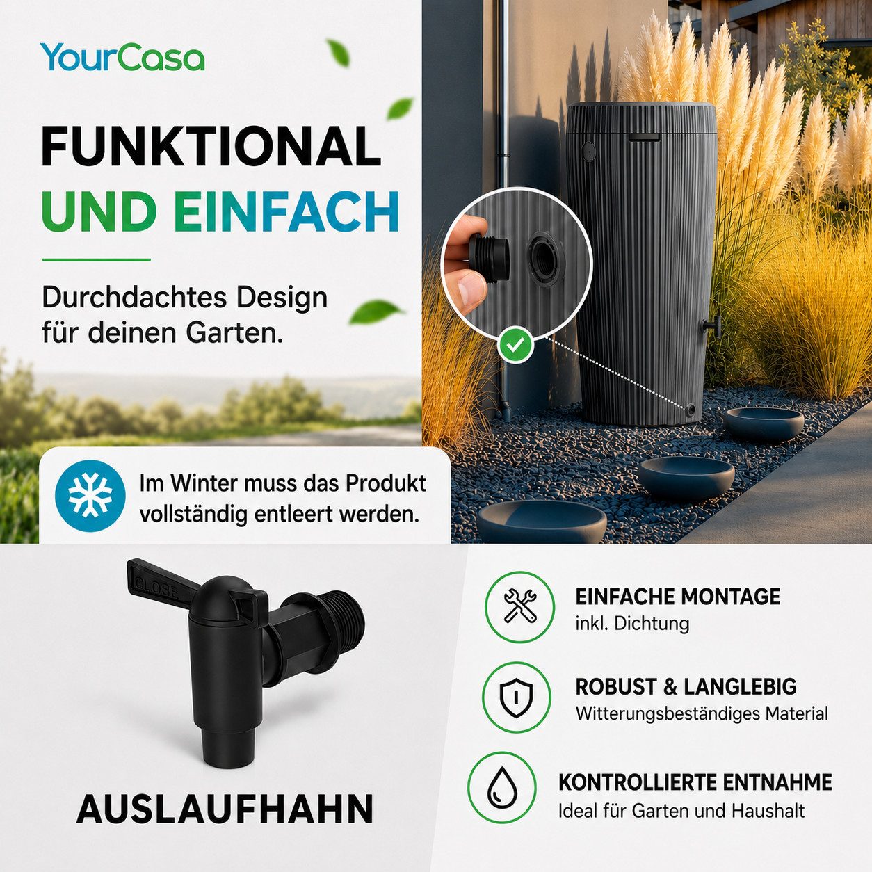 YourCasa Regentonne 210 Liter EcoVase, Bepflanzbar, Wasserhahn, Regenwassertank, Frostsicher, Deckel abnehmbar, 210L – Bild 5 von 5