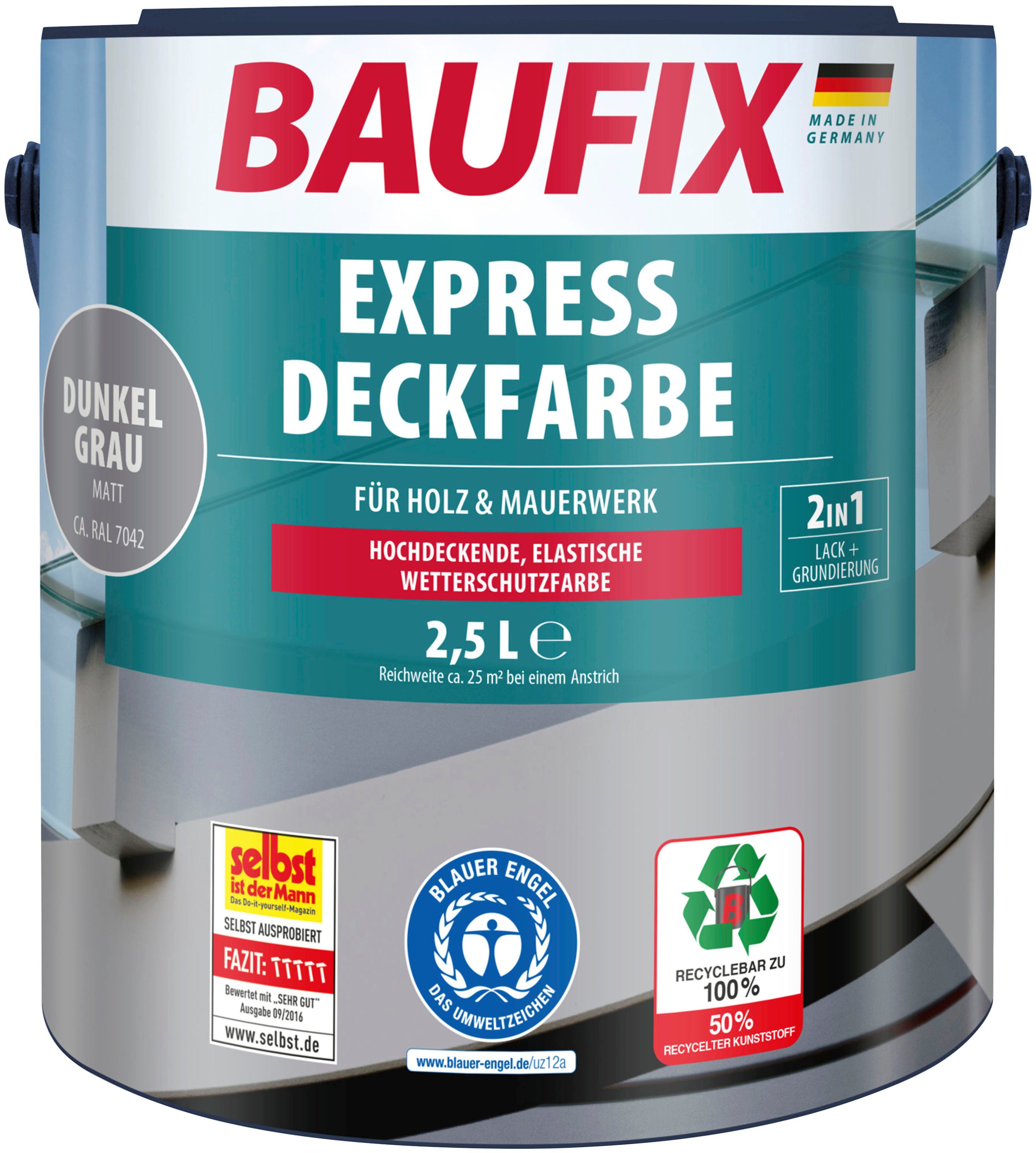 Baufix Wetterschutzfarbe Express Deckfarbe, erhöhte Witterungsbeständigkeit, elastisch, 2,5L, matt dunkelgrau