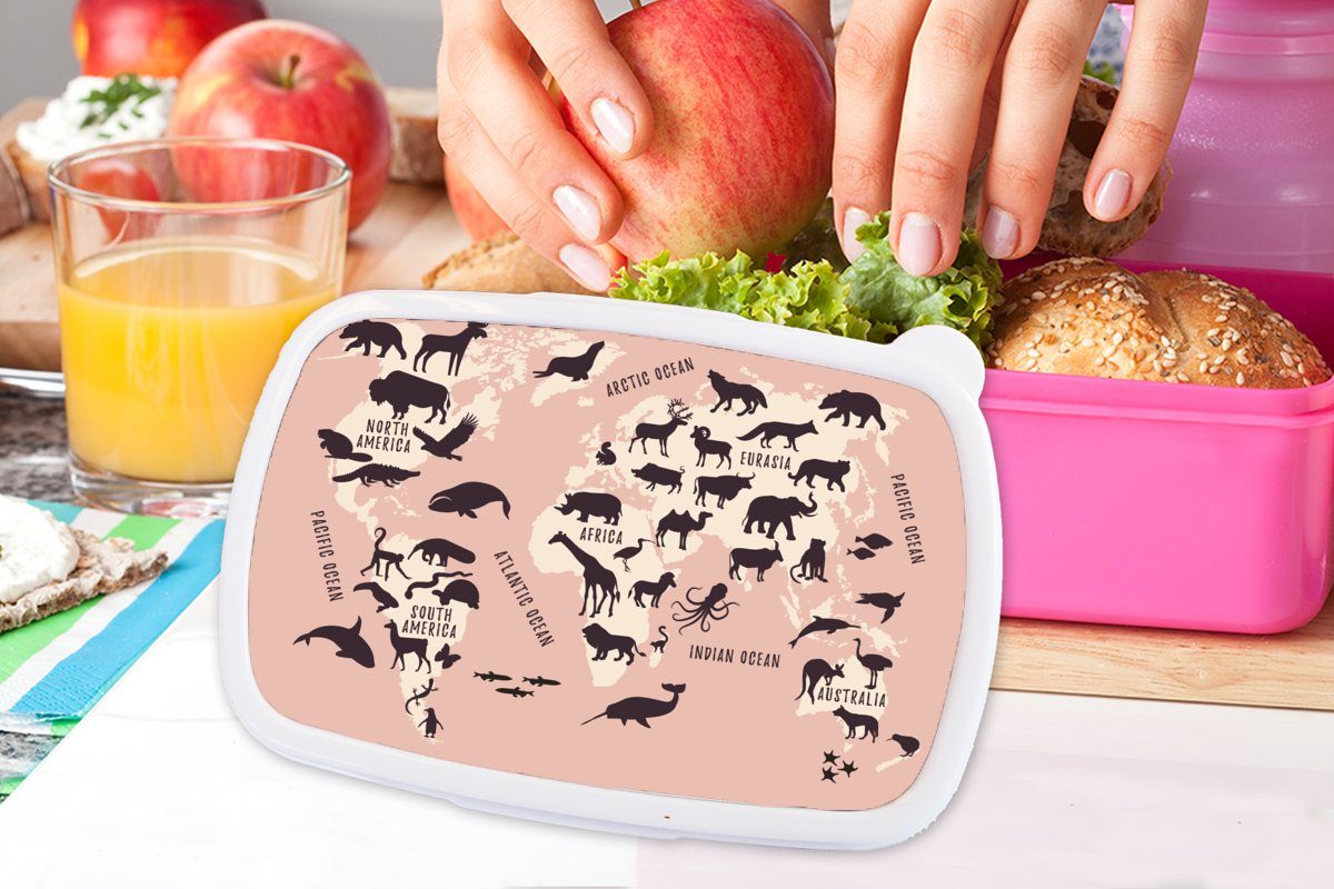 Kunststoff, MuchoWow Tiere, Lunchbox Weltkarte - Kunststoff Rosa Brotdose Erwachsene, Brotbox für Mädchen, Kinder, (2-tlg), Snackbox, -
