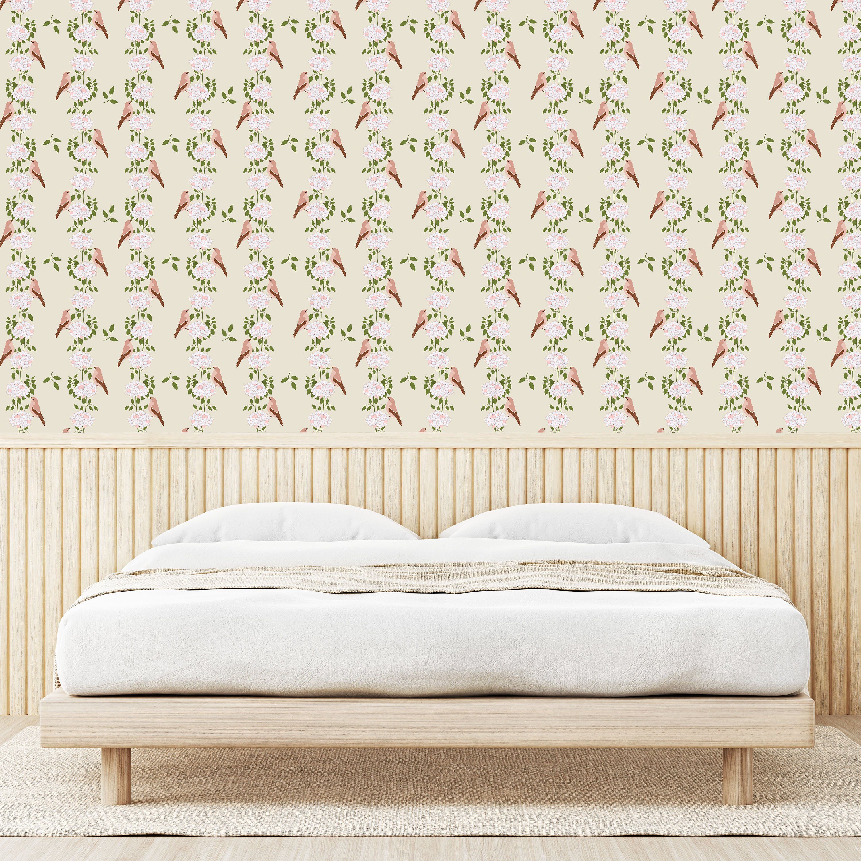 Abakuhaus und selbstklebendes Hortensia Vinyltapete Wohnzimmer Küchenakzent, Botanisch Vogel-Streifen