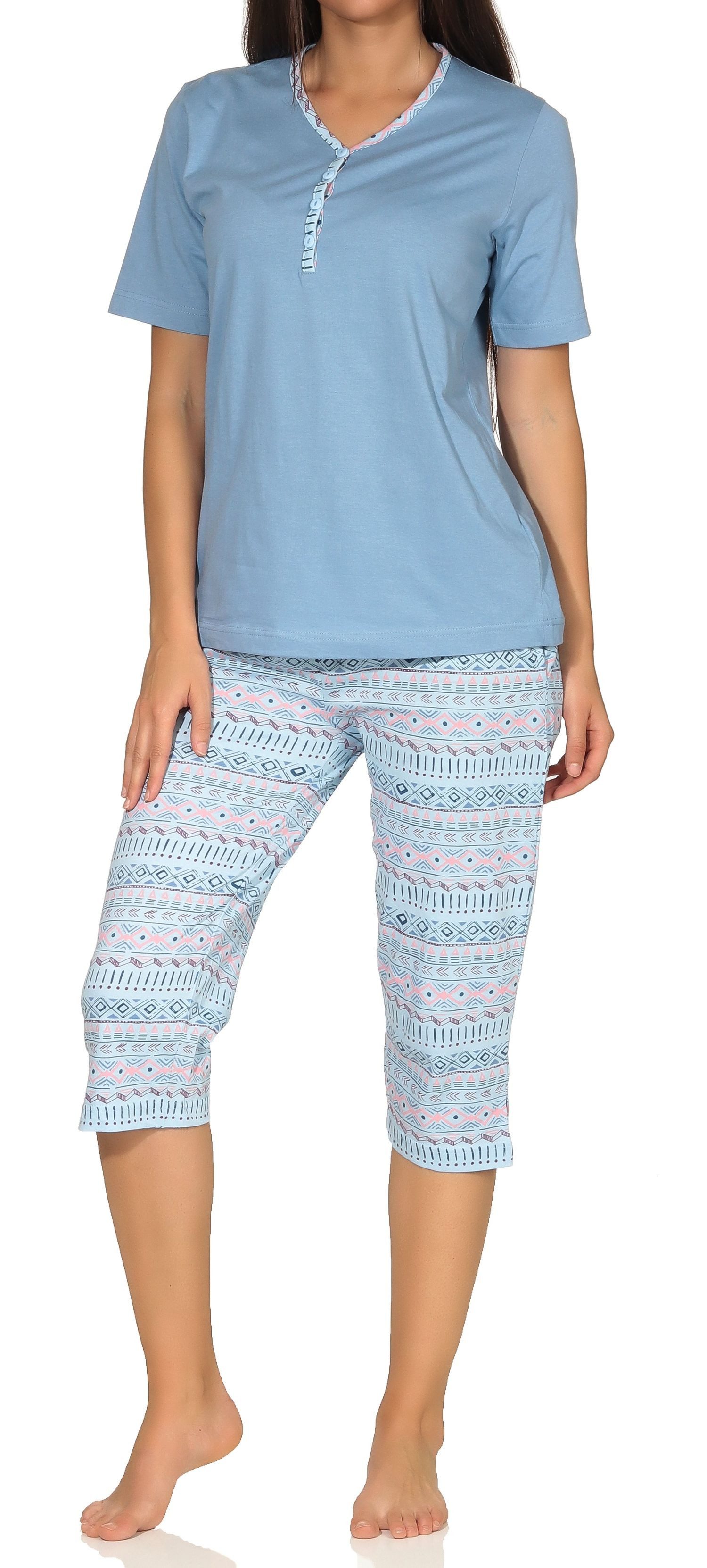 Normann Pyjama Damen kurzarm Capri Schlafanzug im Ethnolook - auch in Übergrössen