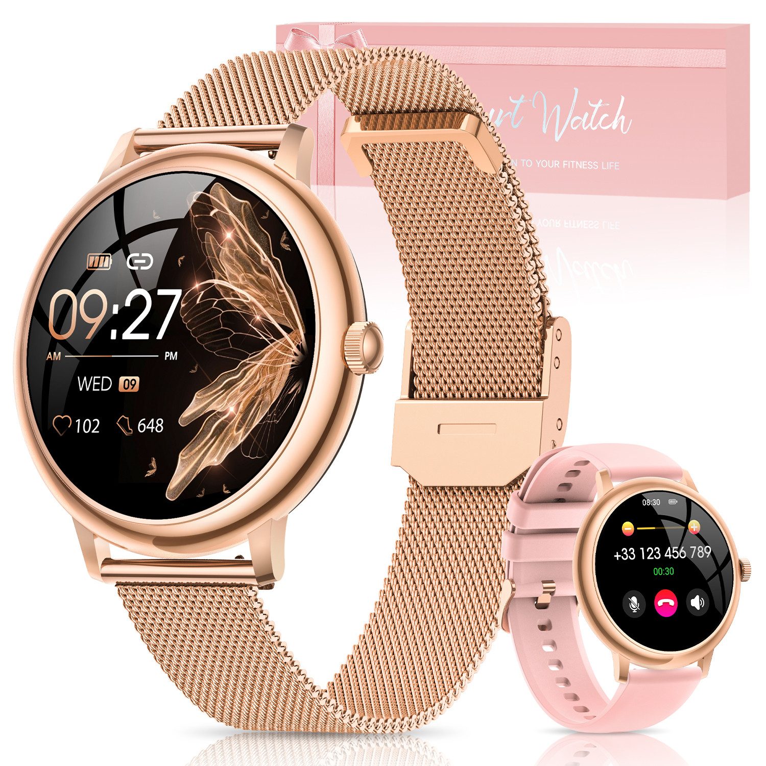 BANLVS 2025 Neue Smartwatch Damen Rund mit Telefonfunktion Fitnesstracker Smartwatch (1.19 Zoll) Set, mit Wechselband aus weichem Silikon und Ladekabel, 120+ Sportmodi/Herzfrequenz/SpO2/Schlafmonitor/Menstruationszyklus