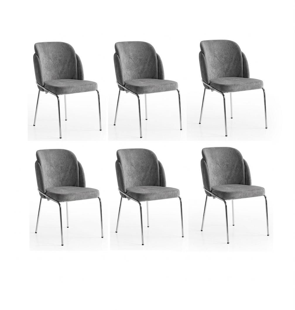 Esszimmerstuhl Sechser-Set stilvolle graue Esszimmerstühle aus Textil und Metall