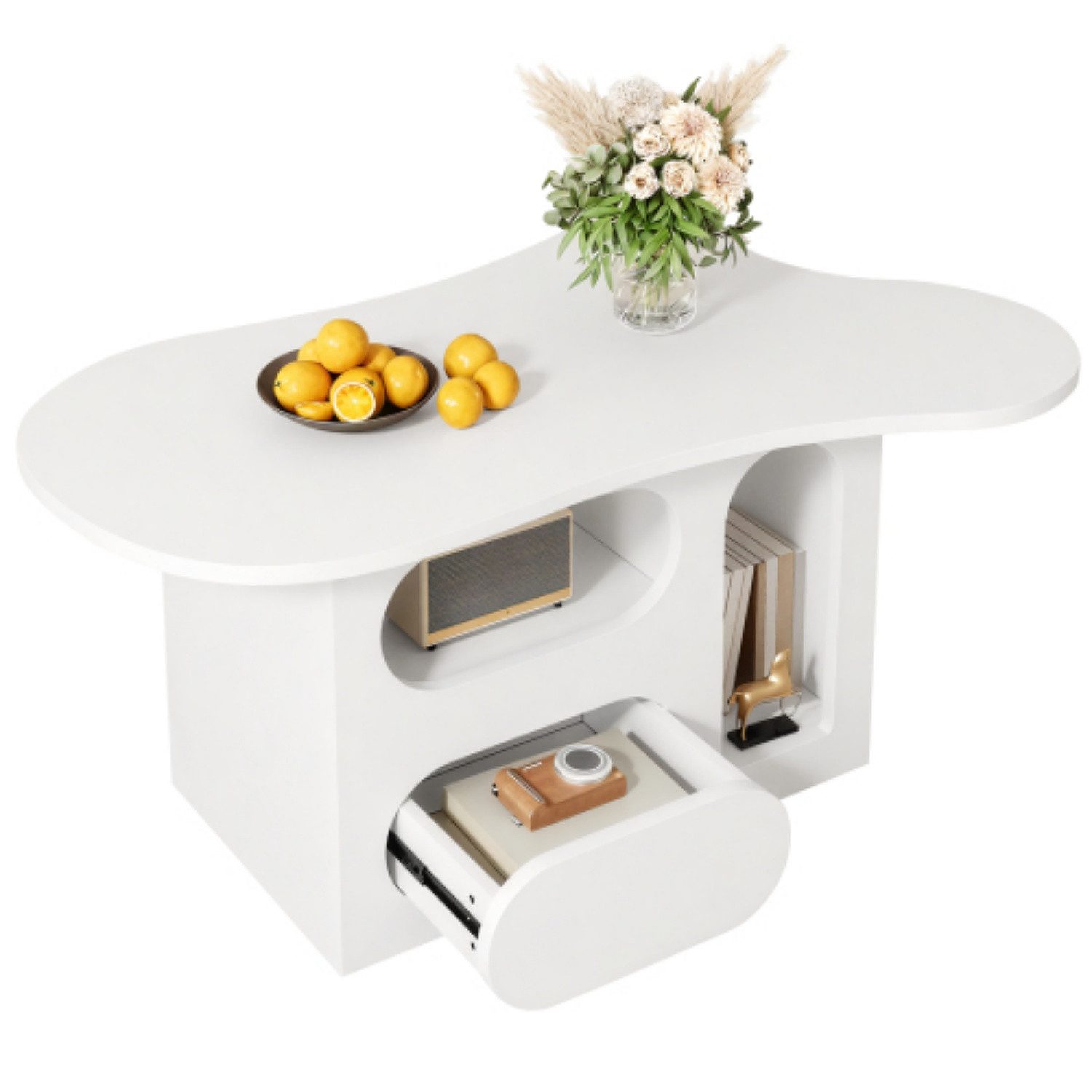 ANYSUN Couchtisch Wohnzimmertisch mit Stauraum & Schublade, Wolkenform, offene Ablage (1-tlg), Abgerundete Kanten, 97×45×43,5 cm, Weiß & platzsparend