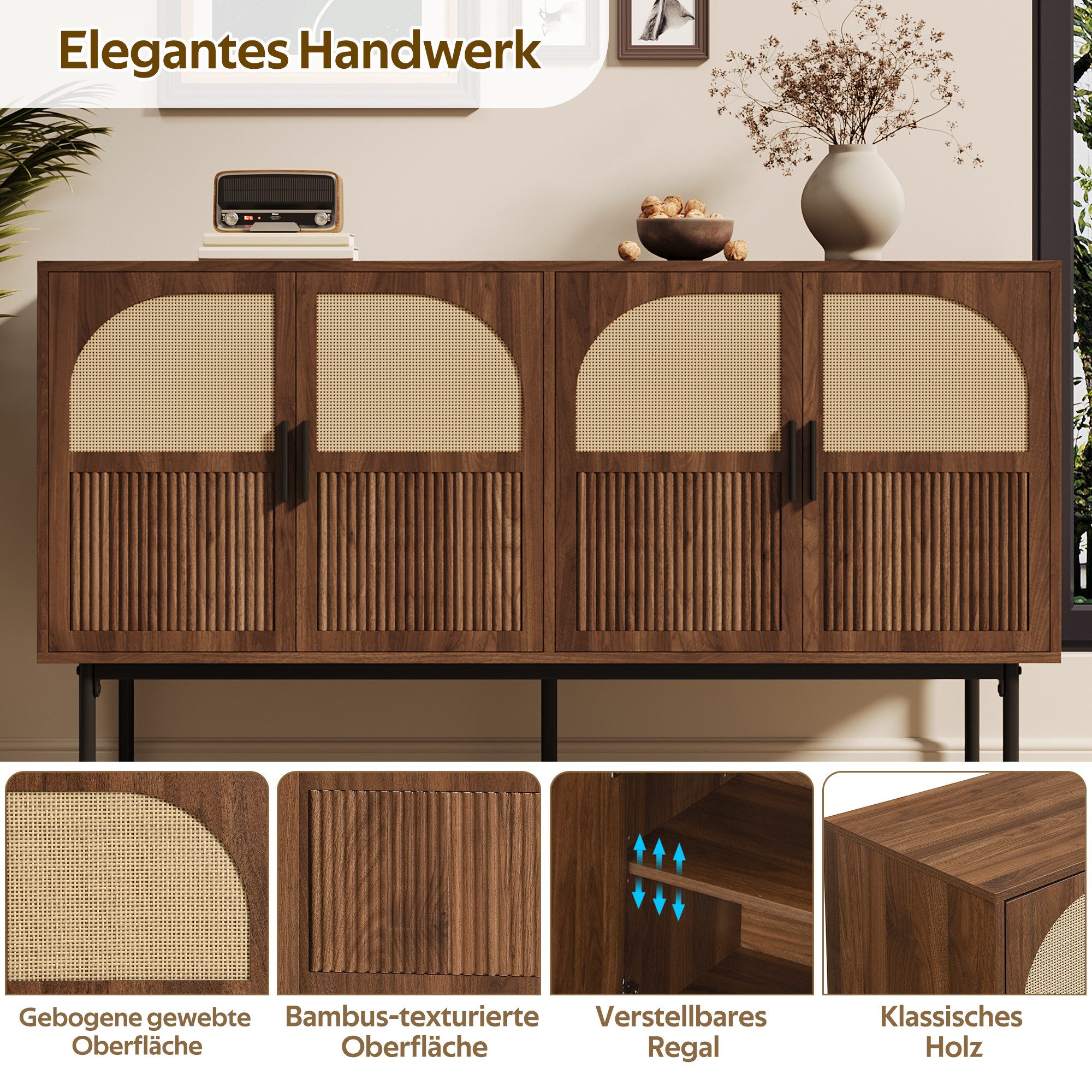 Merax Sideboard mit 4 Türen, Rattanfurnier und Walnussholz-Optik (1 St., Aufbewahrungsschrank Anrichte), Kommode mit Stauraum, gedämpften Scharnieren & Stahlbeinen,140×40×80cm