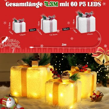 Elegear Dekolicht 3er-Set LED Geschenkbox, Warmweiß leuchte Box mit Schleife, mit 8 Modi Stecker