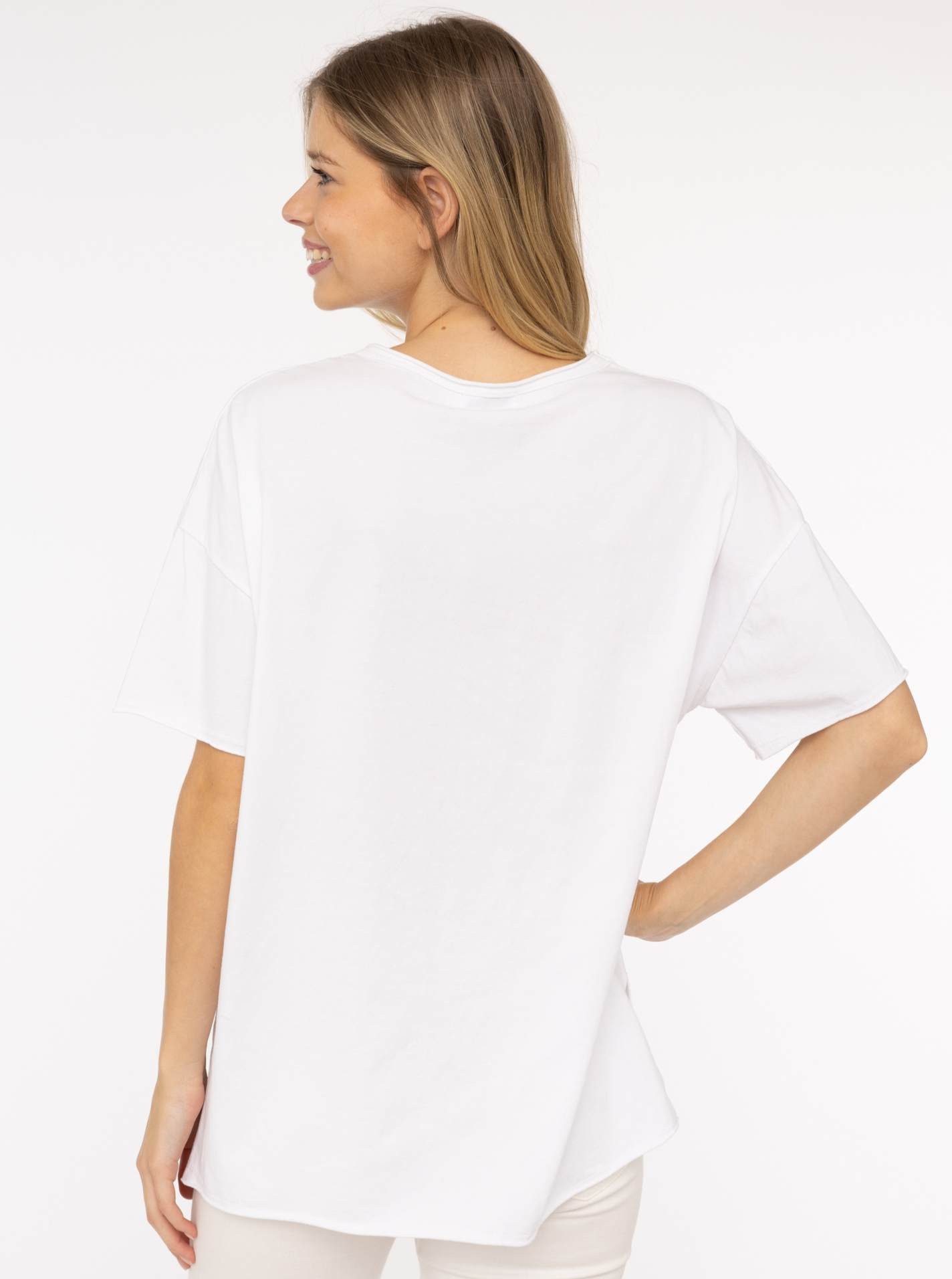 Zwillingsherz Kurzarmshirt Oversized Shirt Stempeldruck "Moin" Kurzarm, tiefer Rundhalsausschnitt, Schriftzug, Baumwollmischung