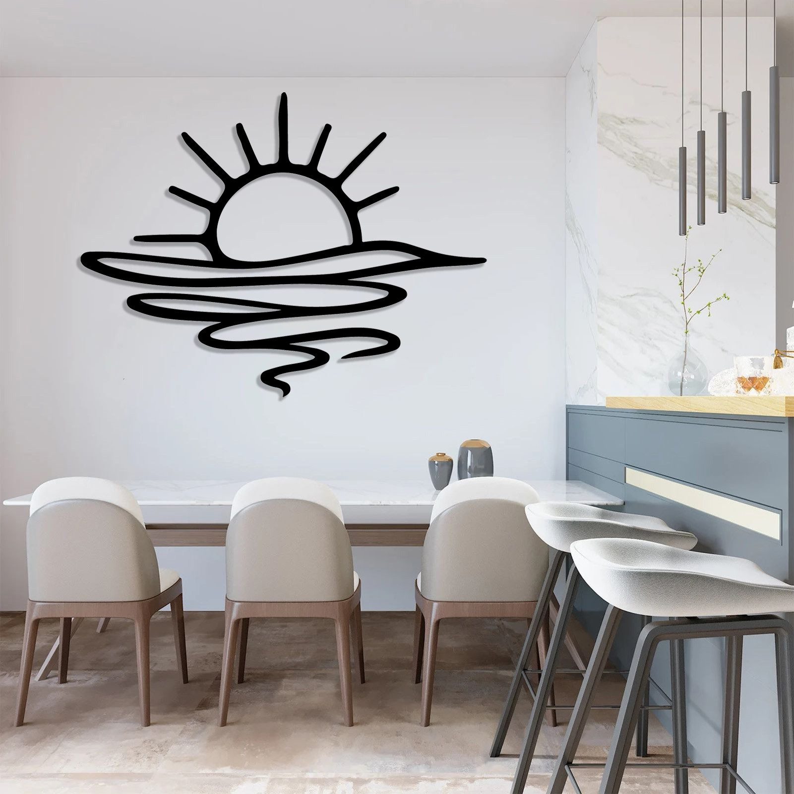 Jumpeak Wanddekoobjekt Minimalistische Wanddeko mit Sonnenaufgang,Sonne,Linienlandschaften, Metall,4 Farben,3 Maße,Wellenmuster,Hoffnung und Neubeginn,Naturstil – Bild 4 von 5