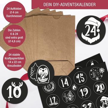 TOBJA Adventskalender Adventskalender DIY mit Stickern (Set), 24 Kraftpapier Tüten, Aufkleber Schwarz-Weiß Weihnachskalender basteln