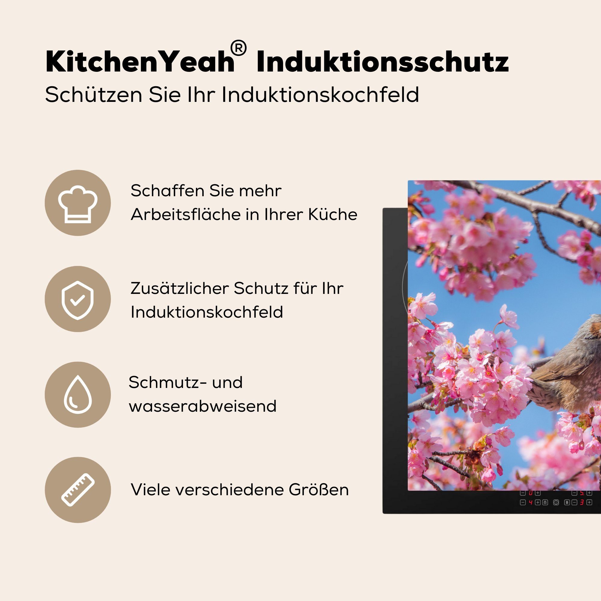 Herdblende-/Abdeckplatte Kirschblüte Schutz Ceranfeldabdeckung 81x52 MuchoWow Vogel Induktionskochfeld (1 cm, die Vinyl, tlg), küche, - für Rosa, -