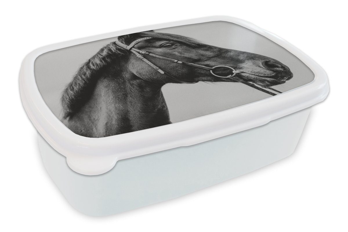 MuchoWow Lunchbox Pferd - Halfter - Porträt, Kunststoff, (2-tlg), Brotbox für Kinder und Erwachsene, Brotdose, für Jungs und Mädchen weiß