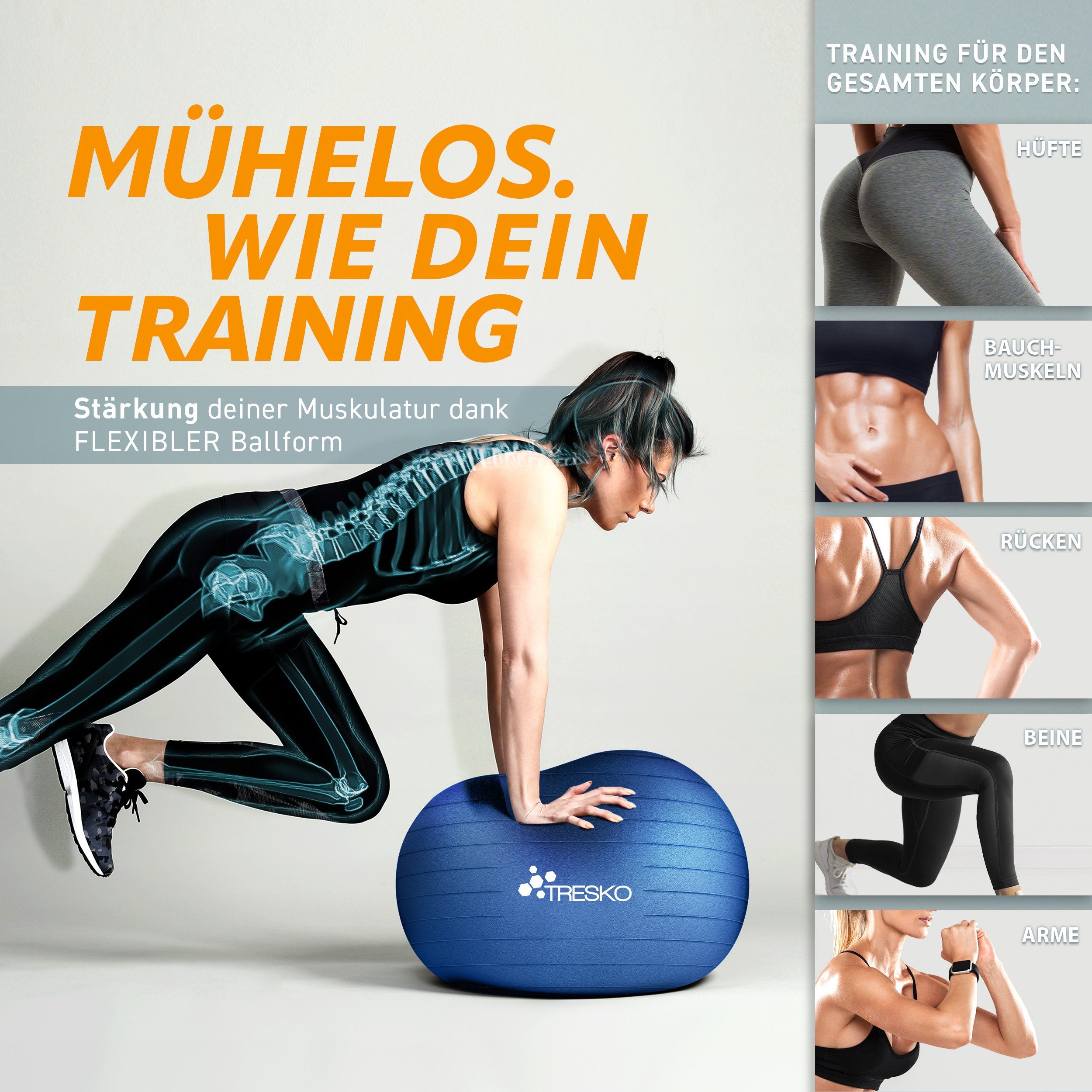 TRESKO Gymnastikball mit GRATIS Übungsposter inkl. Luftpumpe Yogaball, BPA-Frei Sitzball Büro Anti-Burst inkl. Luftpumpe, Fitnessball – Bild 4 von 5