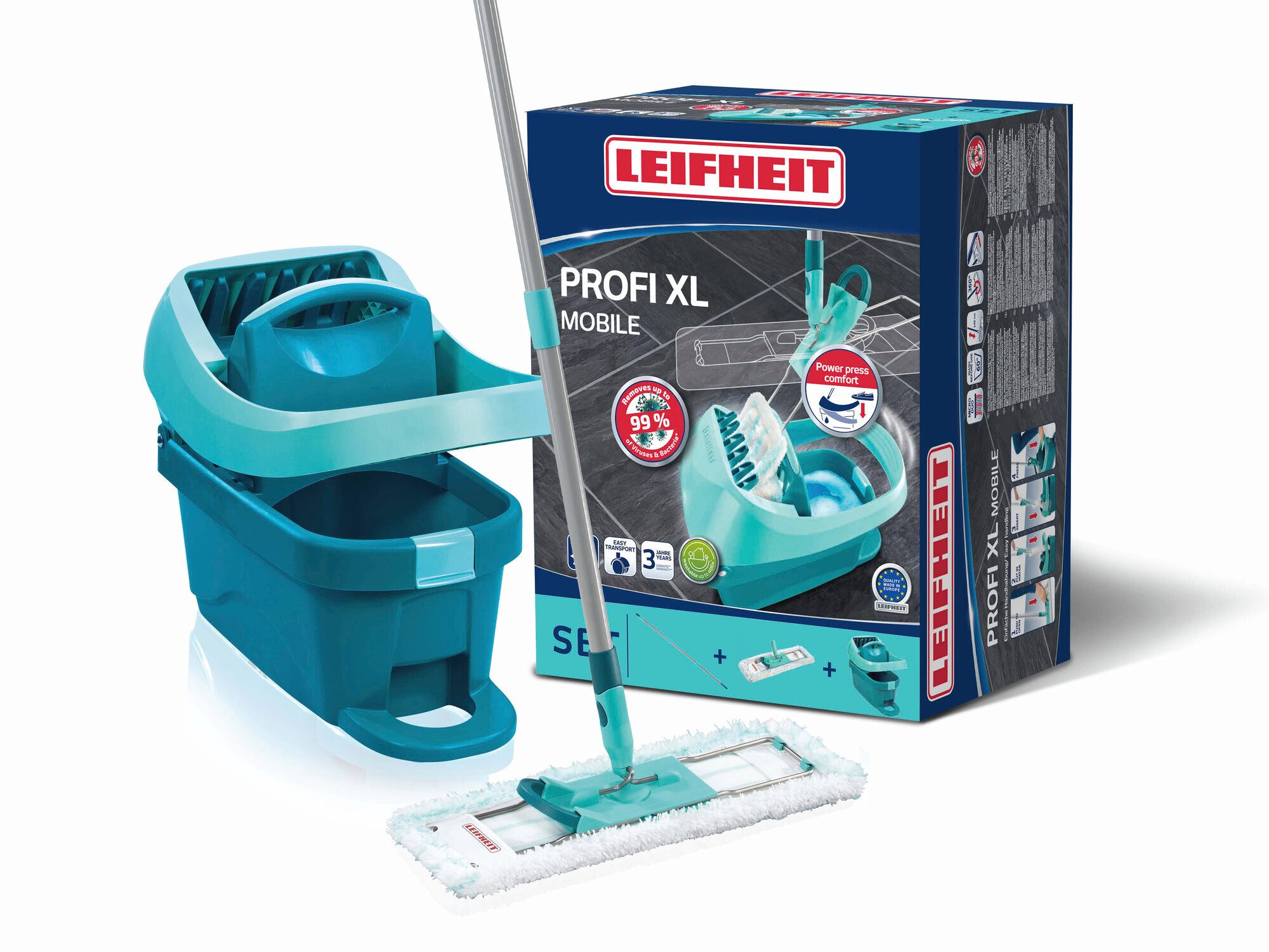 Leifheit Wischmopp Set Wischtuchpresse Profi XL mit Rollen und Bodenwischer, Waschbar bei 60°C, Wischbreite 42cm, mit Rollen, 360° Drehgelenk