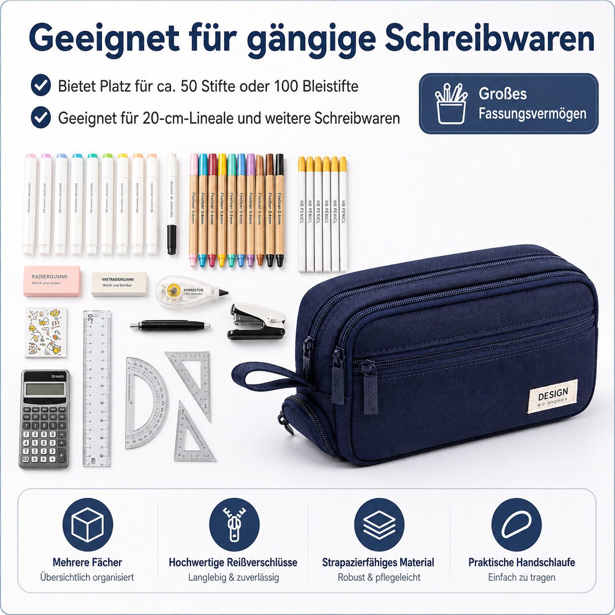 Diwzbyn Federmäppchen Großes Federmäppchen, Mehrfach Fächer Stifteetui Organizer, Mit Tragegriff, Stabiler Canvas Stoff für Schule & Alltag – Bild 4 von 5