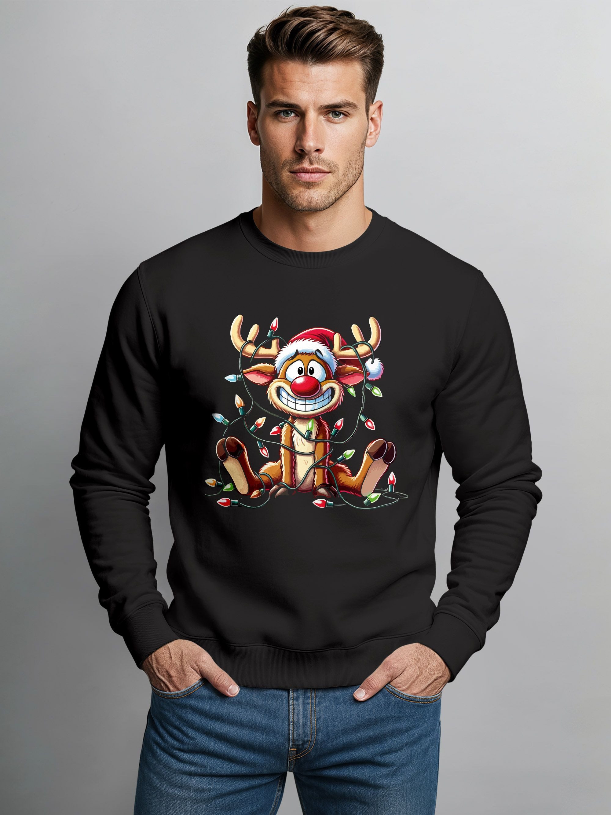 MoonWorks Sweatshirt Sweatshirt Herren Weihnachtspullover Lustig Rentier Aufdruck XMAS