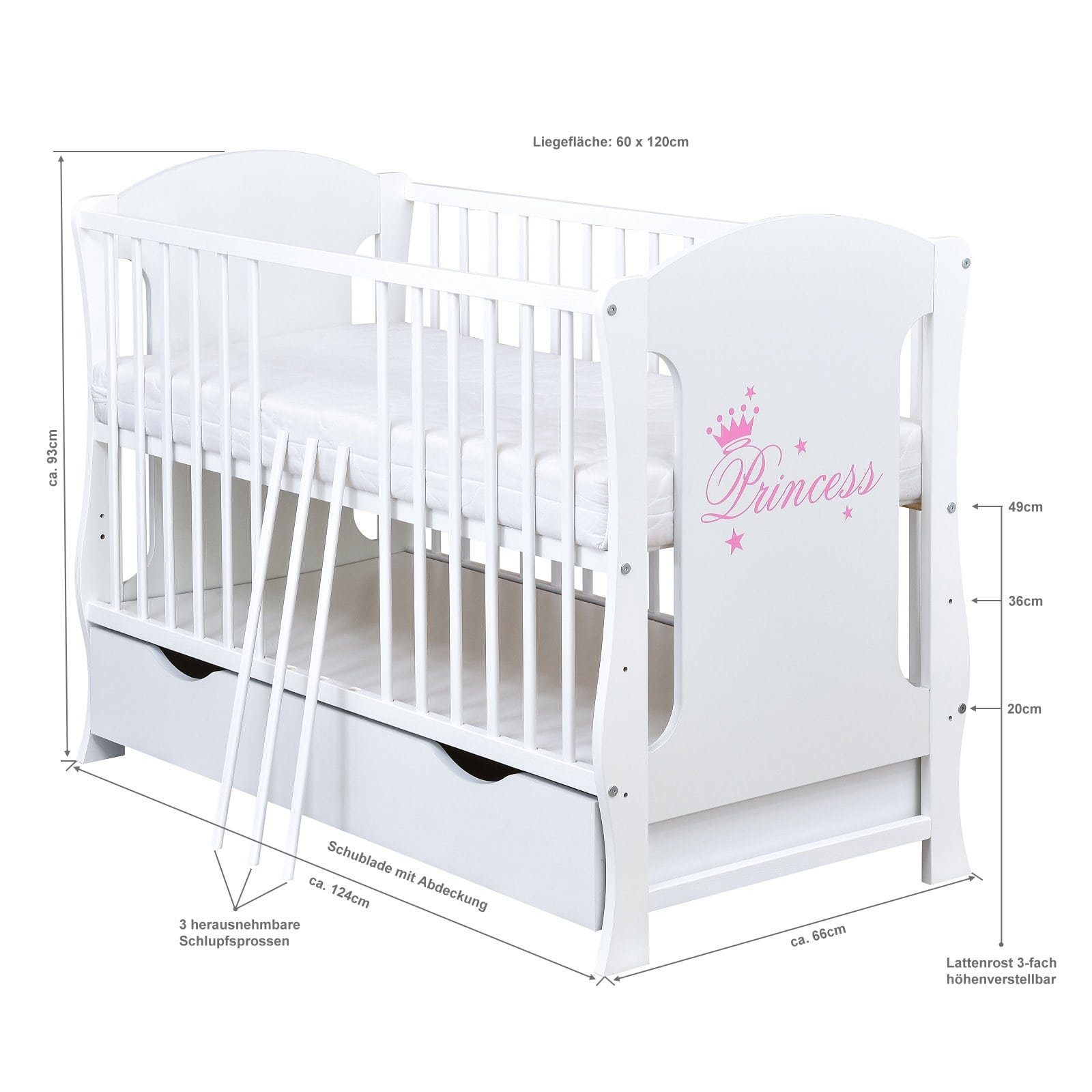 Baby-Delux Babybett Lia Princess, Kinderbett 60x120 cm weiß Schublade Kiefer Princess Motiv Matratze