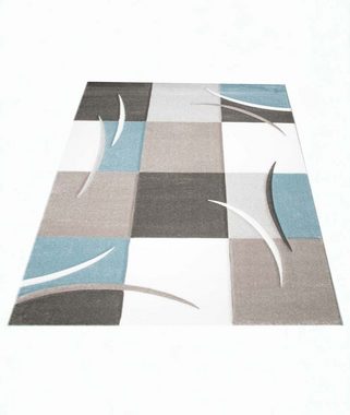 Teppich Designer Teppich Moderner Teppich Wohnzimmer Teppich Kurzflor Teppich mit Konturenschnitt Karo Muster Pastellfarben Blau Creme Beige Dunkelgrau, Teppich-Traum, rechteckig, Höhe: 13 mm