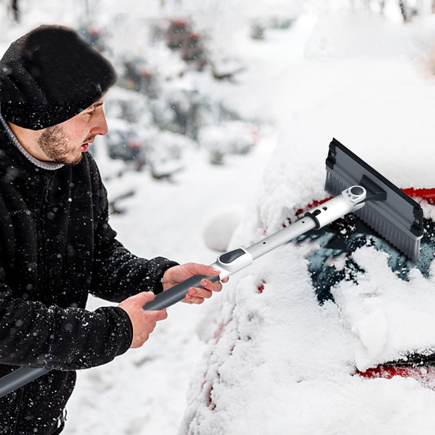 ZILXIAO 3-in-1 Car Ice Scraper with Snow Brush, Telescopic Handle and Rotating Head