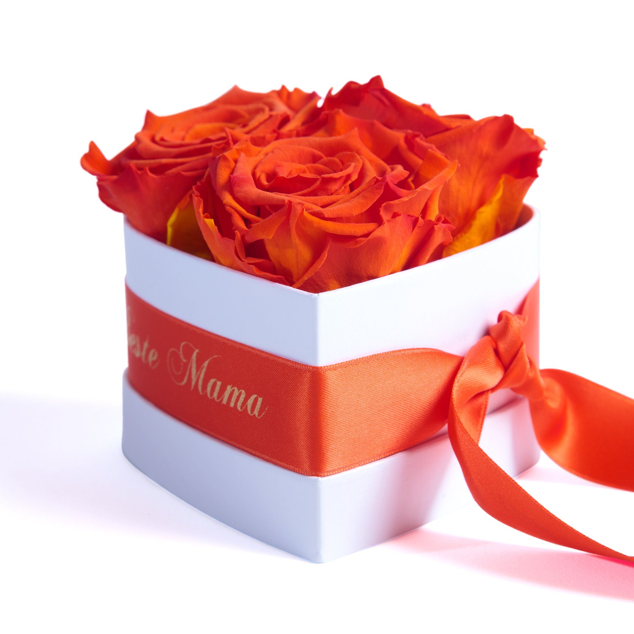 Kunstblume Rosenbox Herz 3 Infinity Rosen für die Beste Mama der Welt Geschenk Rose, ROSEMARIE SCHULZ Heidelberg, Höhe 10 cm, echte Blumen haltbar 3 Jahre Orange