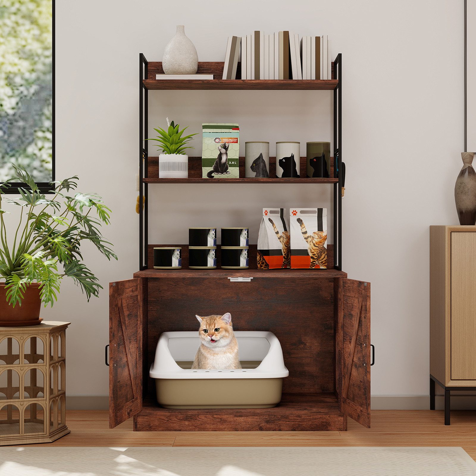 COSTWAY Tierhaus, Katzenschrank mit Bücherregal, 4 Haken, Katzenklo Schrank