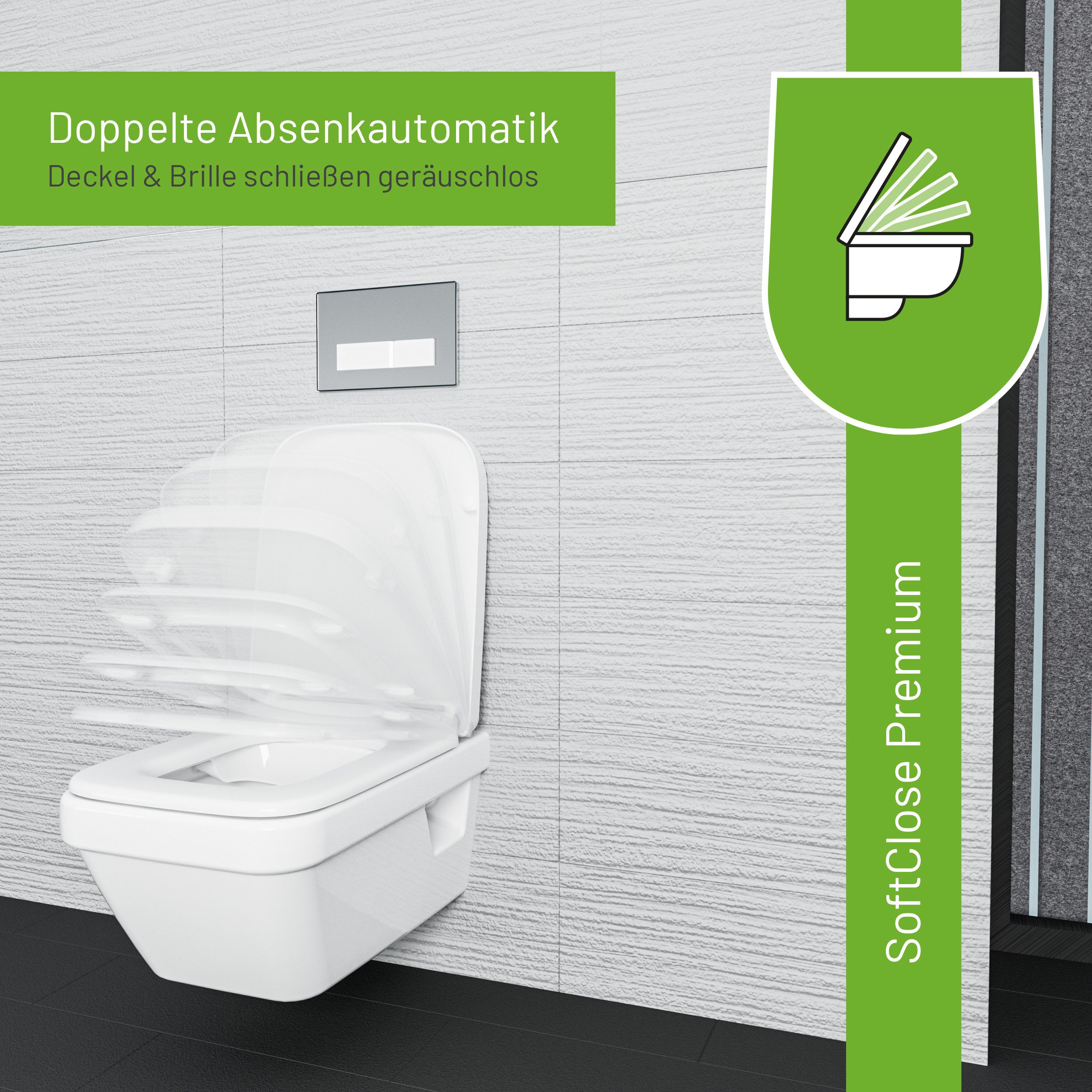 LUVETT WC-Sitz Premium, Softclose, Absenkautomatik, Sanitär, Oval D-Form Eckig (Inklusive 3 Befestigungsarten), mit Absenkautomatik, Wrap-Over, Duroplast, Deutsche Markenqualität