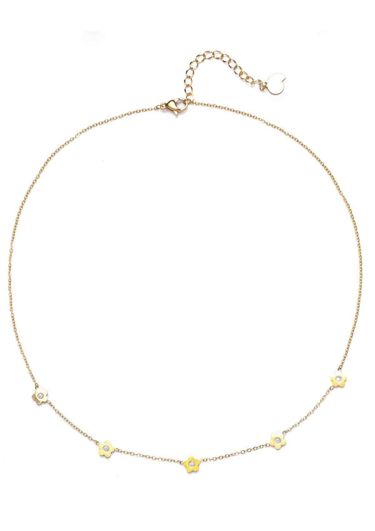 Hey Happiness Charm-Kette Blume Anhänger klein, 18K Roségold vergoldet (Kette+Ohrringe), Edelstahl Kette Damen Blüte Kristall klein, wasserfest