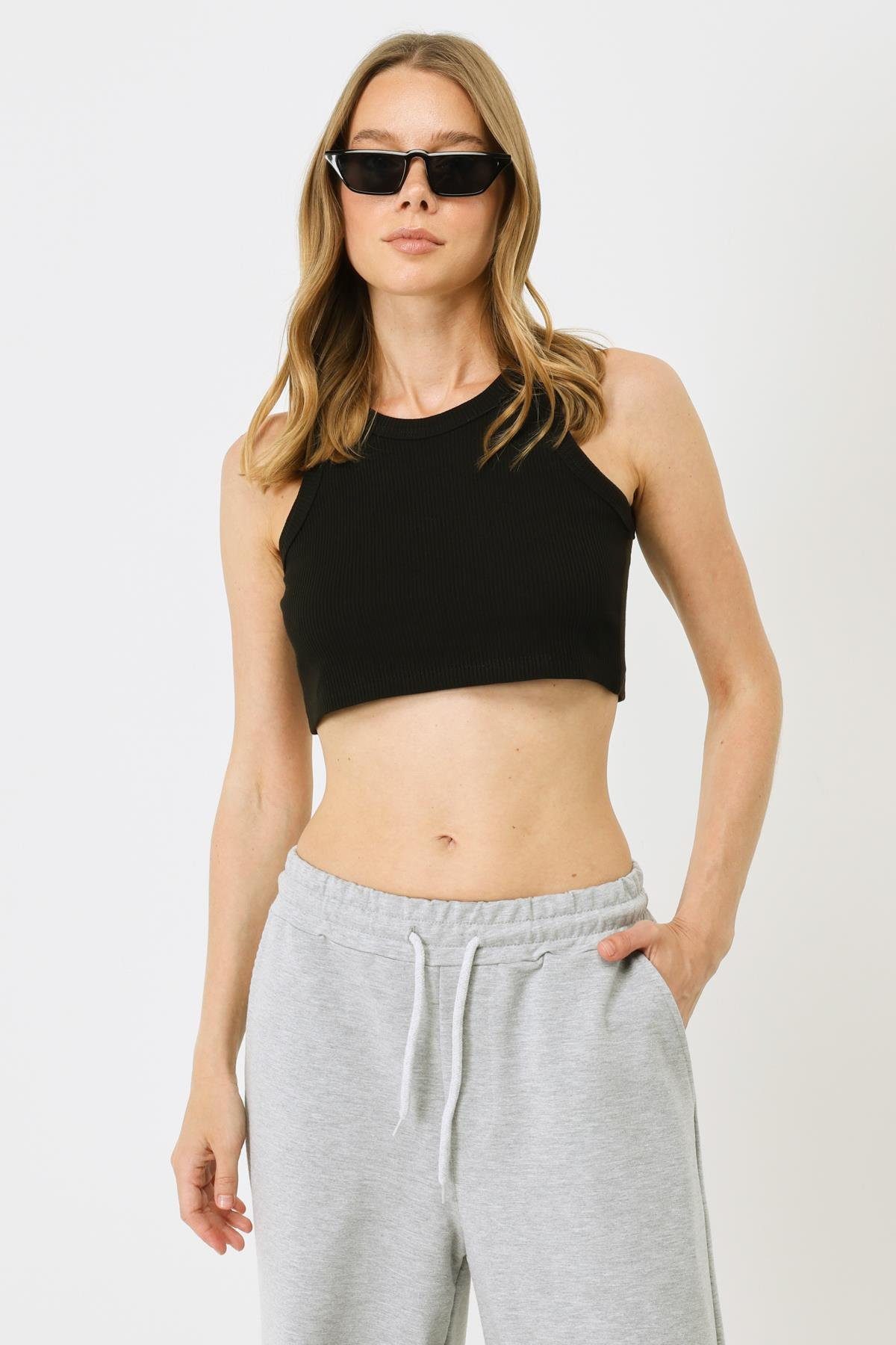 C&CITY Blusenbody Damen Halterneck Ripp Stretch Mini Crop Top