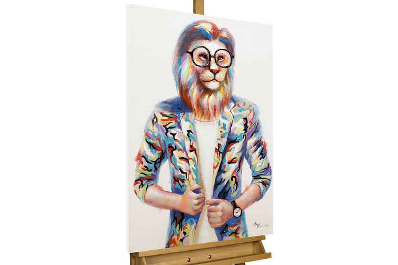 KUNSTLOFT Gemälde Hipster Lion 60x90 cm, Leinwandbild 100% HANDGEMALT Wandbild Wohnzimmer