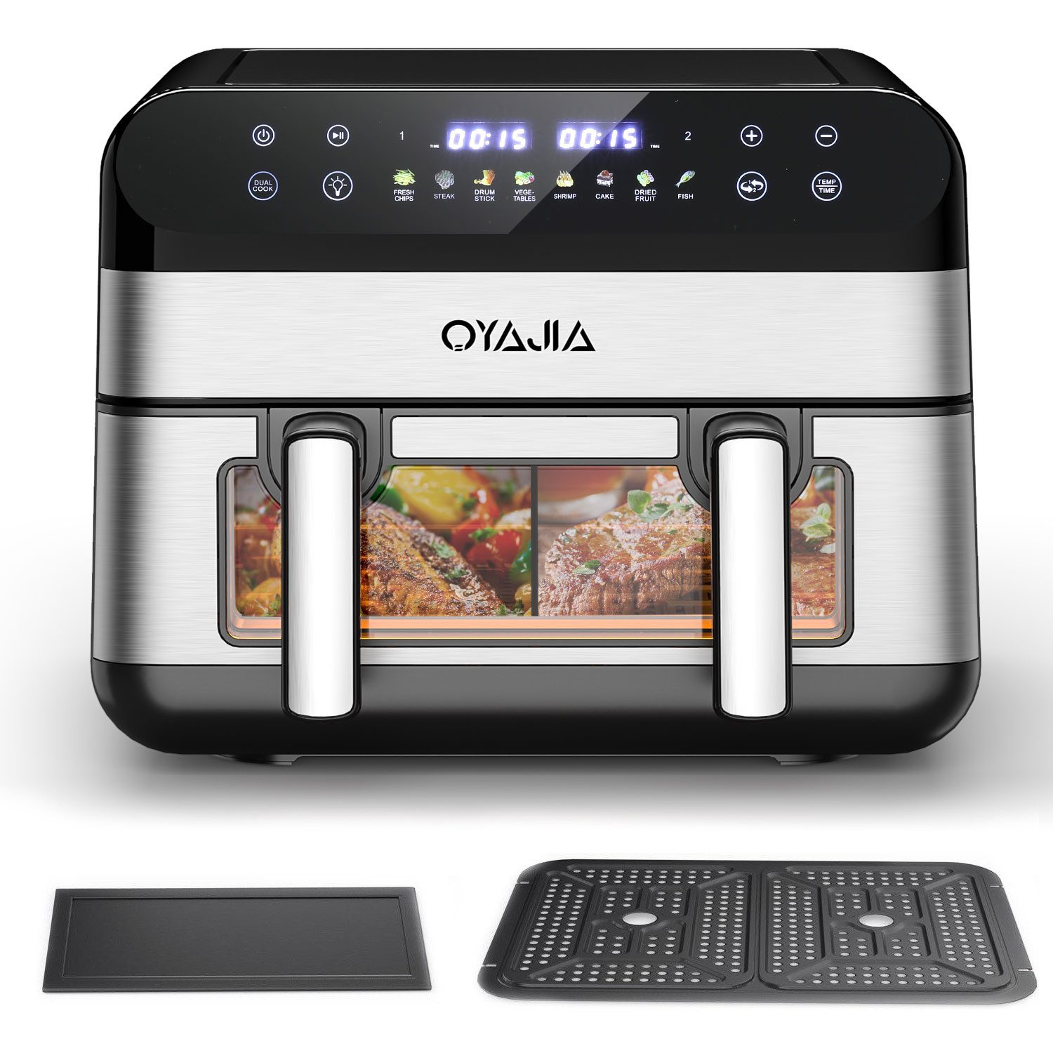 oyajia Heißluftfritteuse Heißluftfritteuse 2 Kammern, 10L Airfryer Doppelkammer Einkammer Verstellbar, 2600W 8 in 1 Heissluftfritteuse Doppelkammer Temperatur Separat Regeln Touchscreen, Doppel Air Fryer XXL Mit Sichtfenster, 2600 W